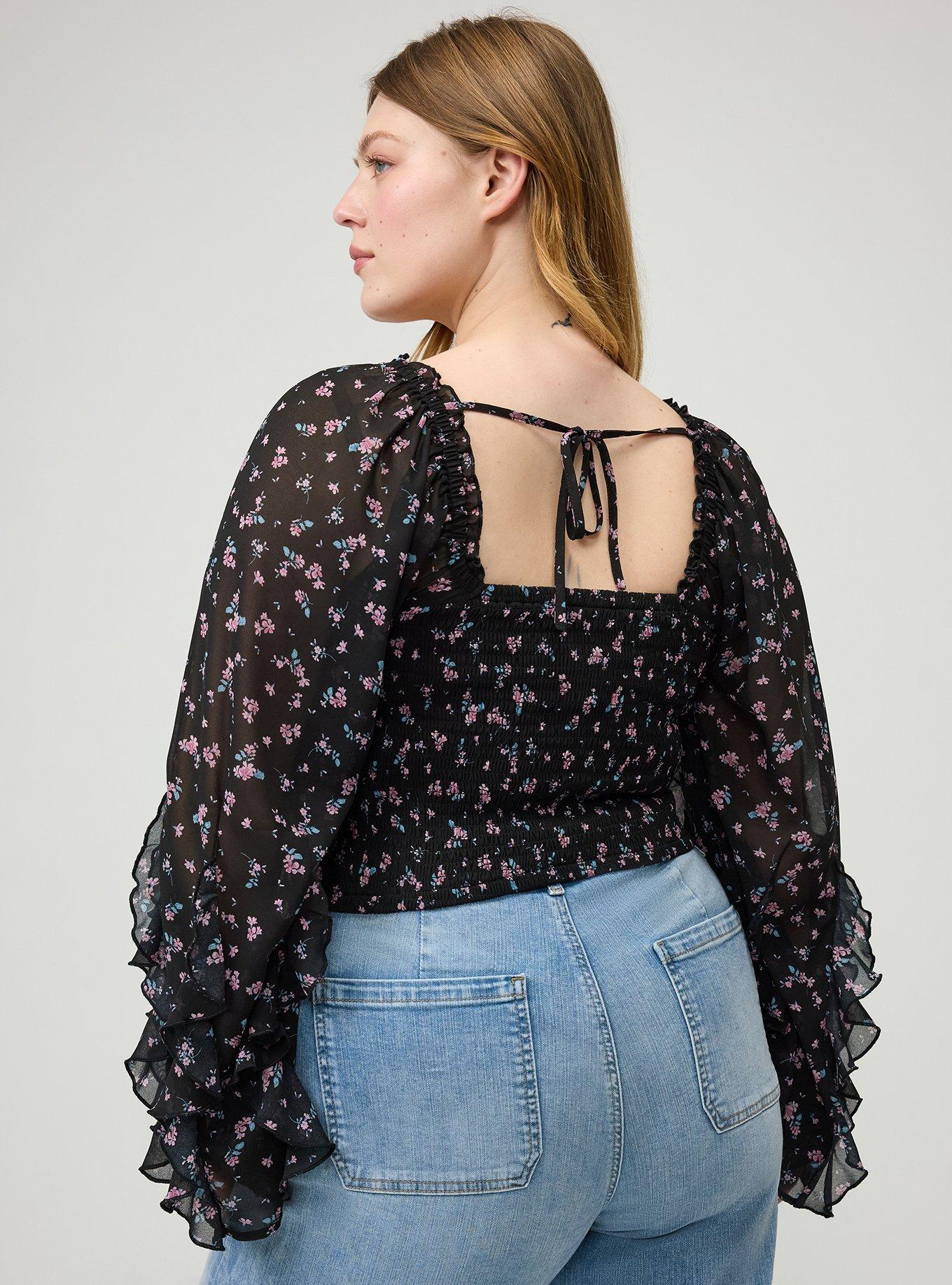 Chiffon Ruffle Long-Sleeve Crop Top, ALEXA DITSY FLORAL BLACK, alternate
