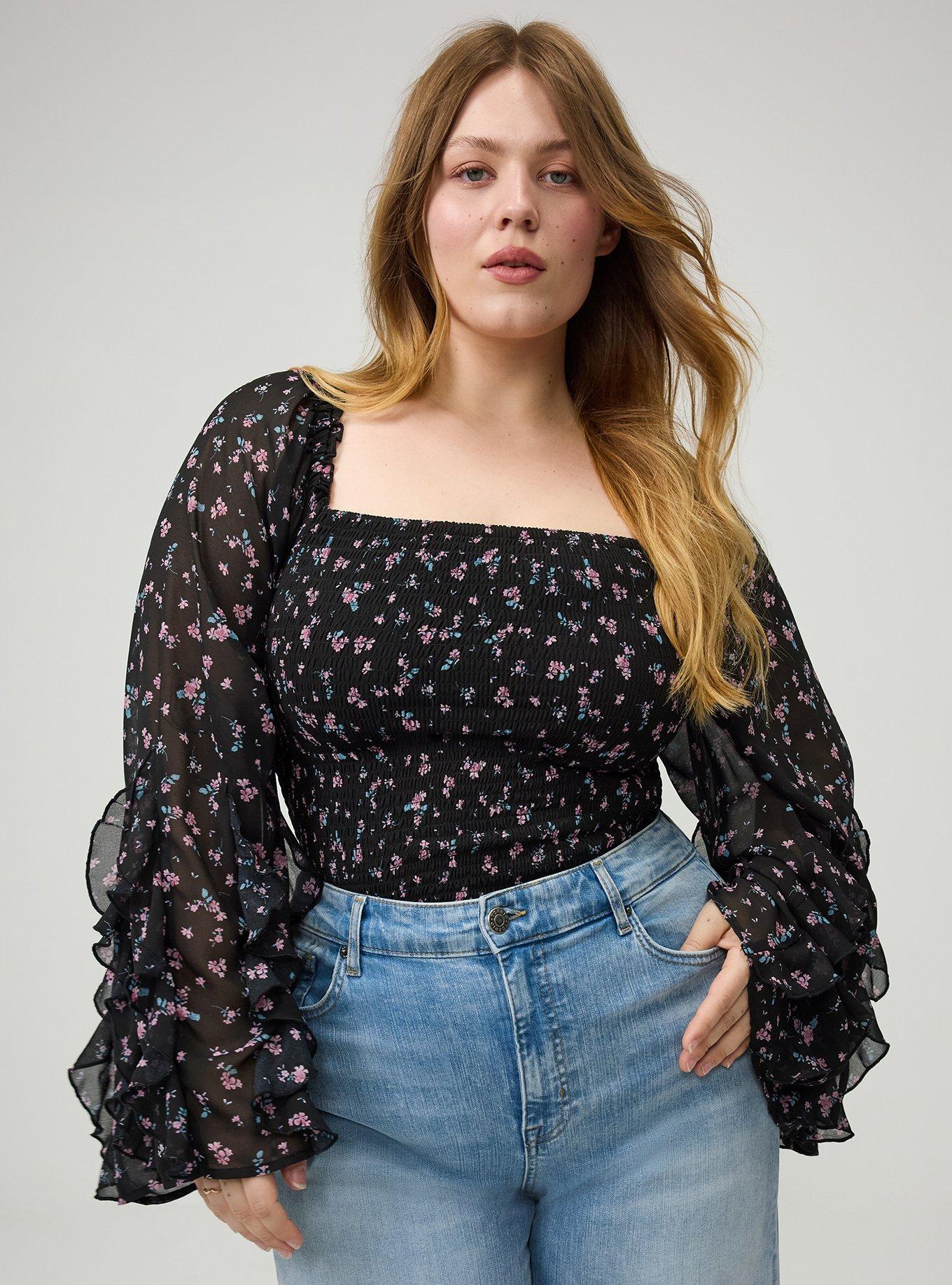 Chiffon Ruffle Long-Sleeve Crop Top, ALEXA DITSY FLORAL BLACK, alternate