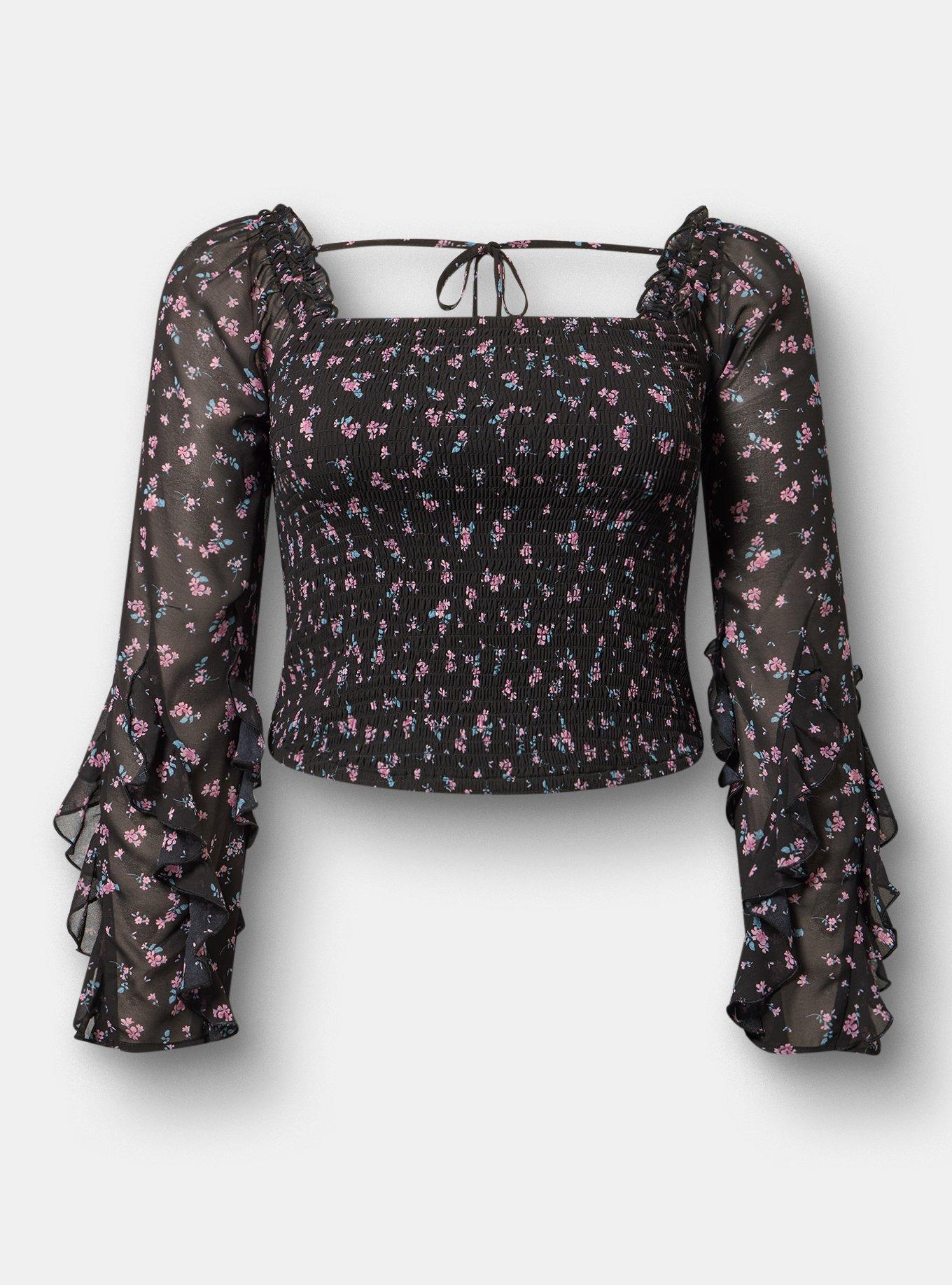 Chiffon Ruffle Long-Sleeve Crop Top, ALEXA DITSY FLORAL BLACK, flat