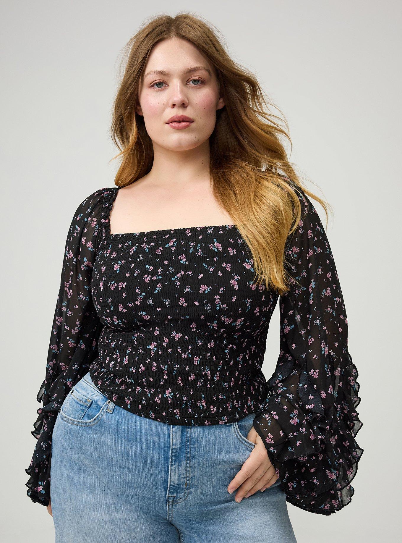 Chiffon Ruffle Long-Sleeve Crop Top, ALEXA DITSY FLORAL BLACK, hi-res