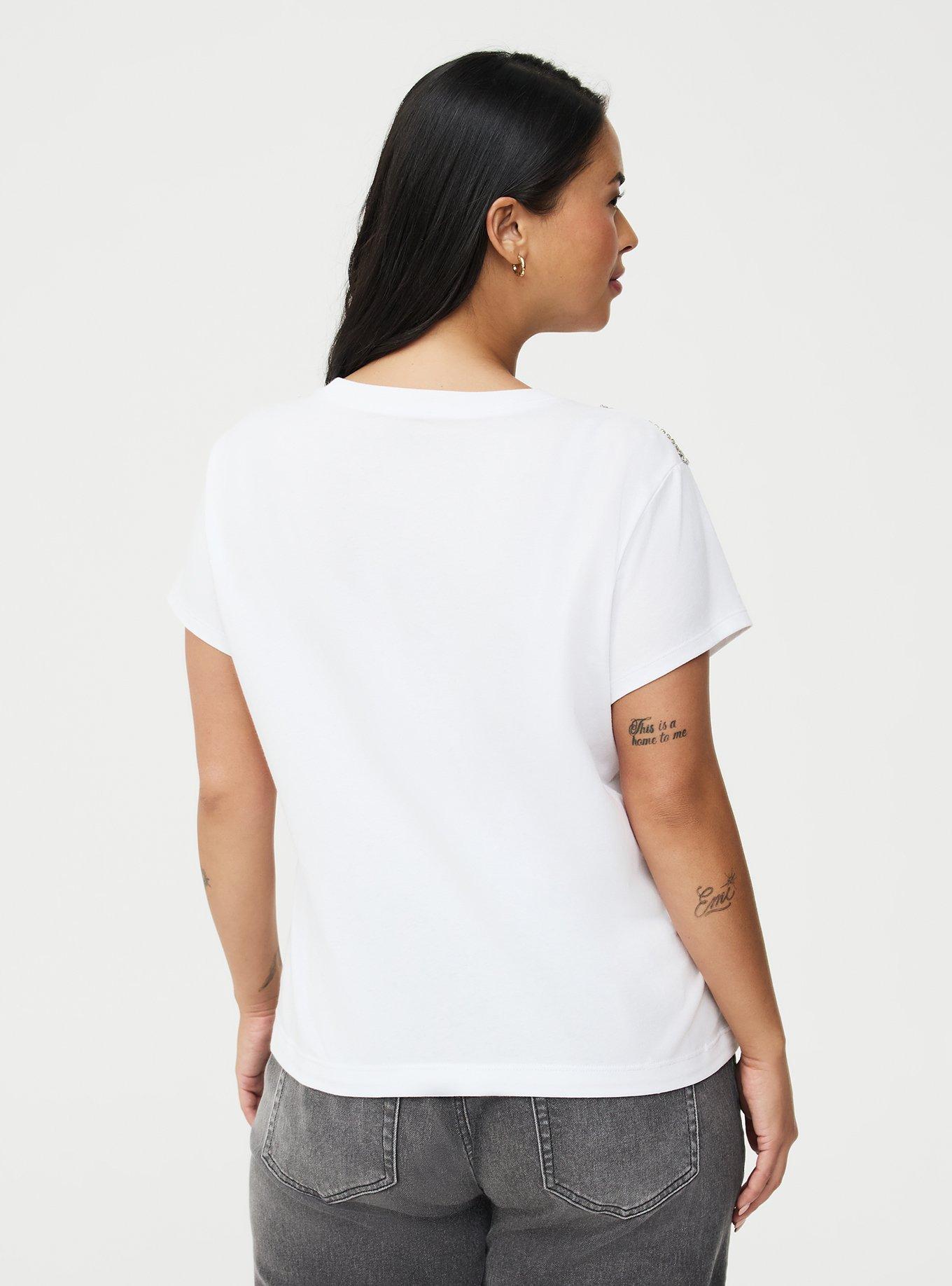 Cotton Crew Neck Embellished Tee, BRIGHT WHITE, alternate