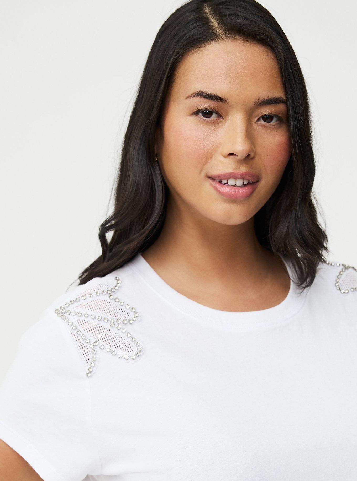 Cotton Crew Neck Embellished Tee, BRIGHT WHITE, alternate
