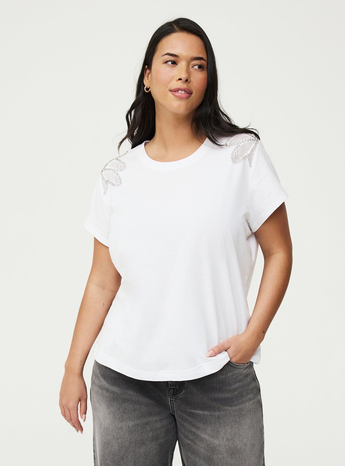 Cotton Crew Neck Embellished Tee, BRIGHT WHITE, hi-res