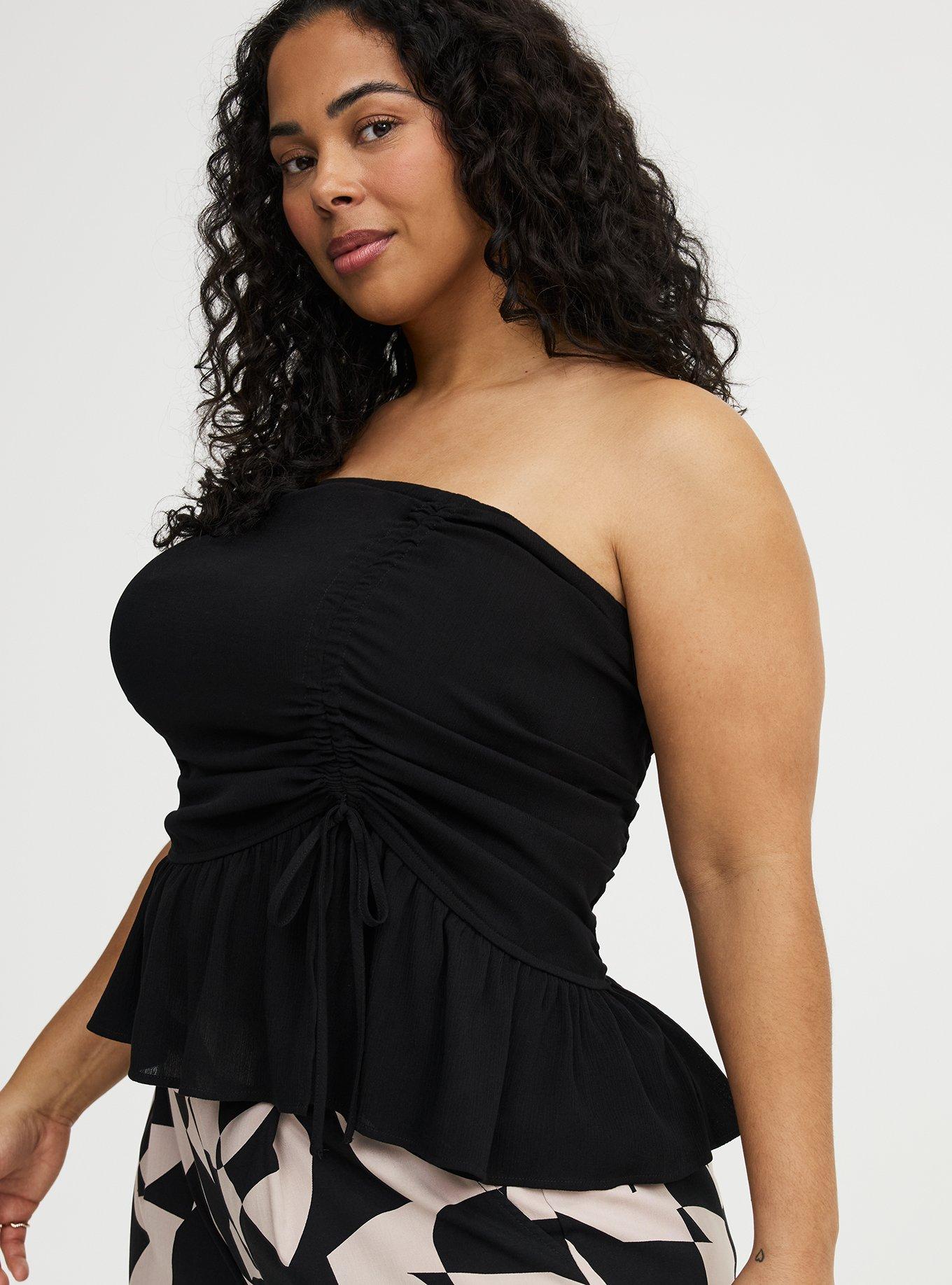 Crinkle Gauze Cinched Tube Top, DEEP BLACK, alternate