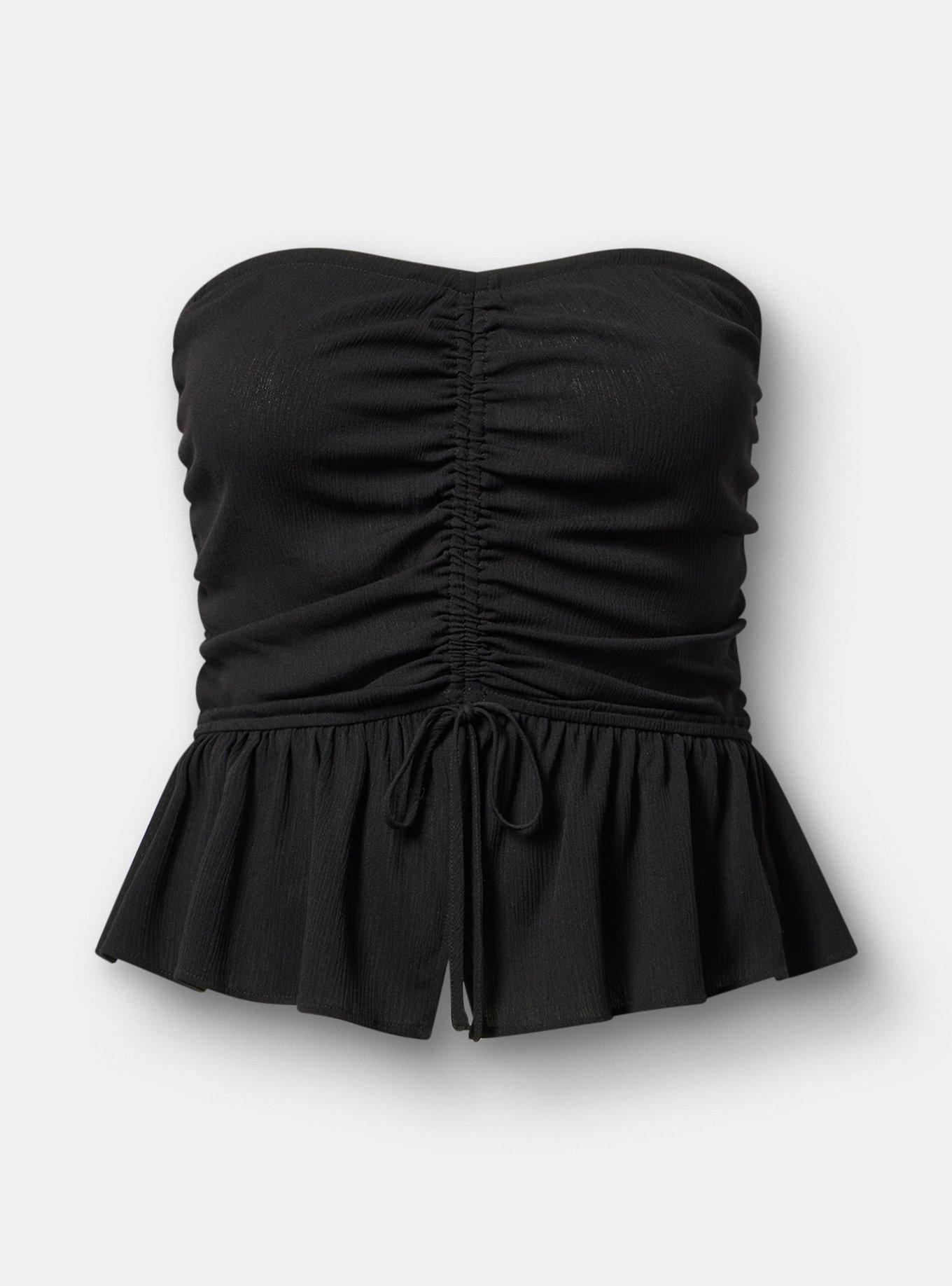 Crinkle Gauze Cinched Tube Top, DEEP BLACK, hi-res