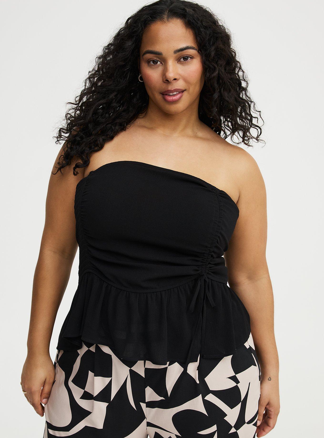 Crinkle Gauze Cinched Tube Top, DEEP BLACK, hi-res