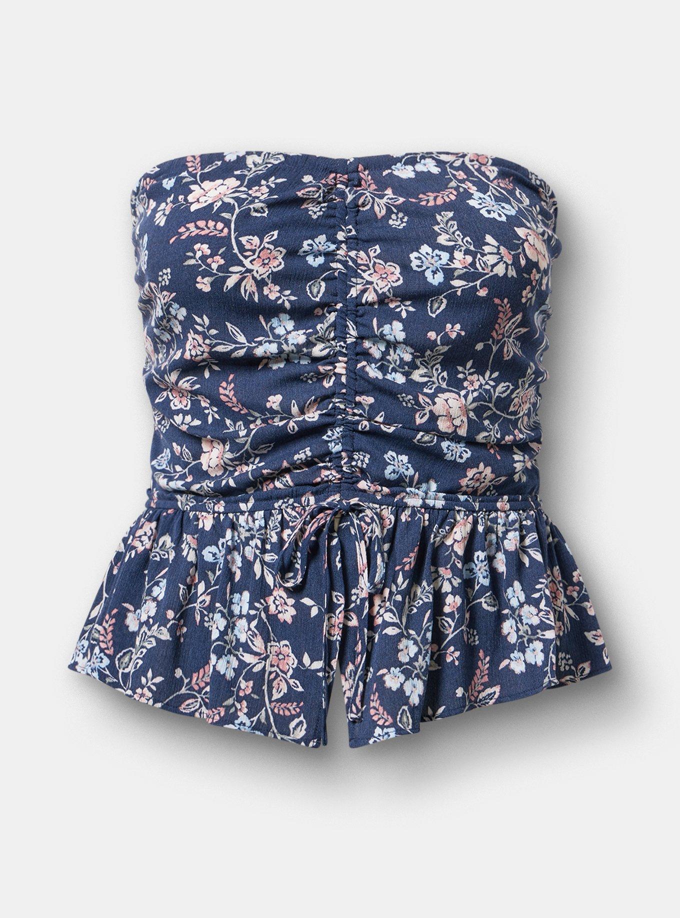 Crinkle Gauze Cinched Tube Top, TENDER JACOBEAN NAVY, hi-res