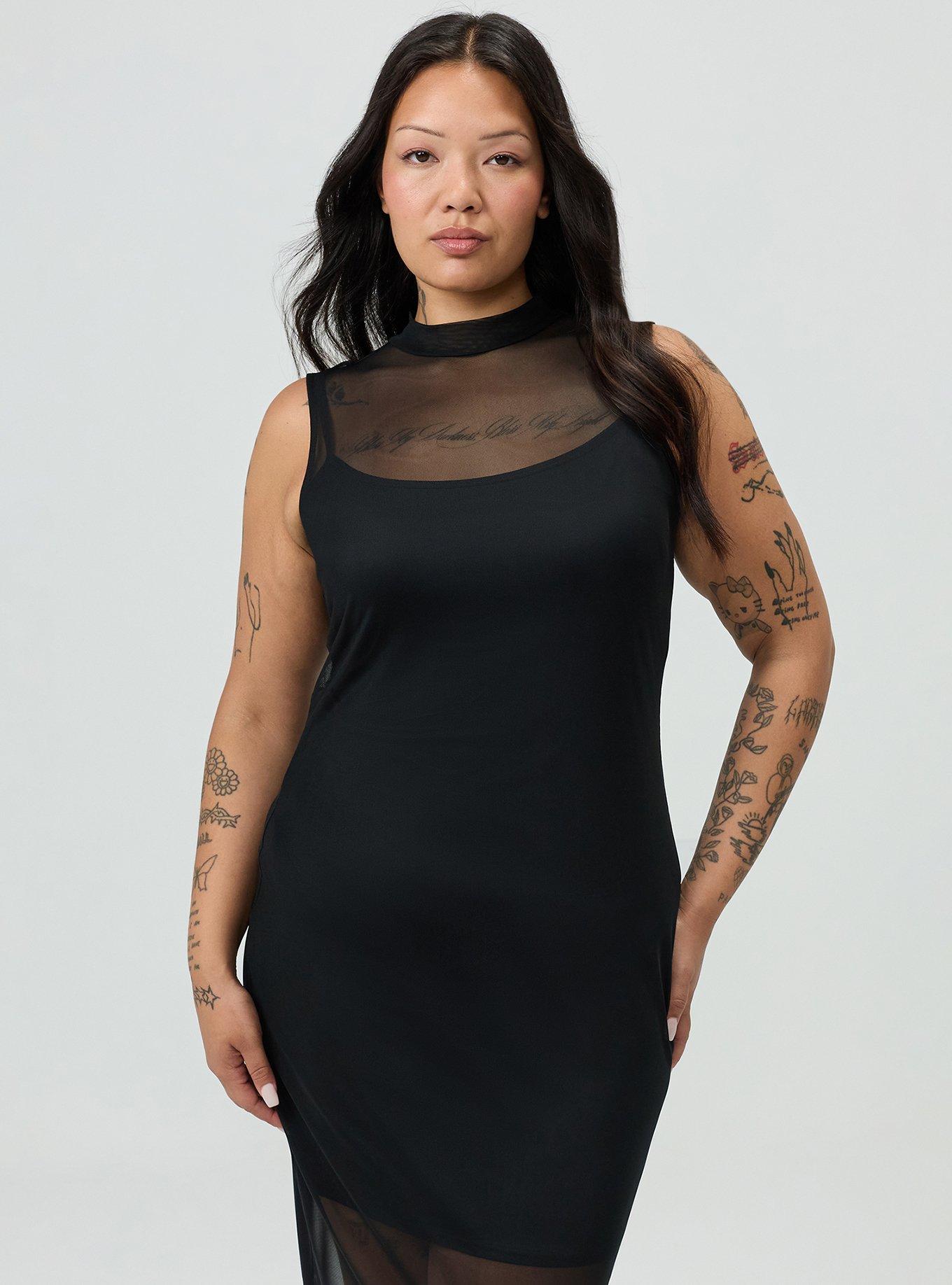 Mesh Mock-Neck Column Dress, DEEP BLACK, alternate