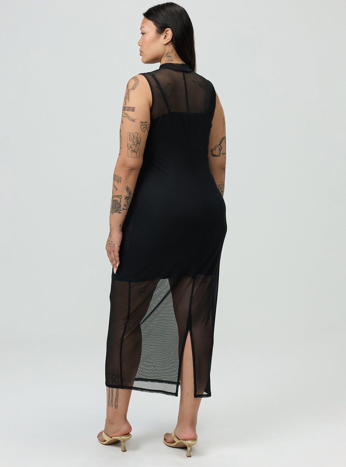 Mesh Mock-Neck Column Dress, DEEP BLACK, alternate