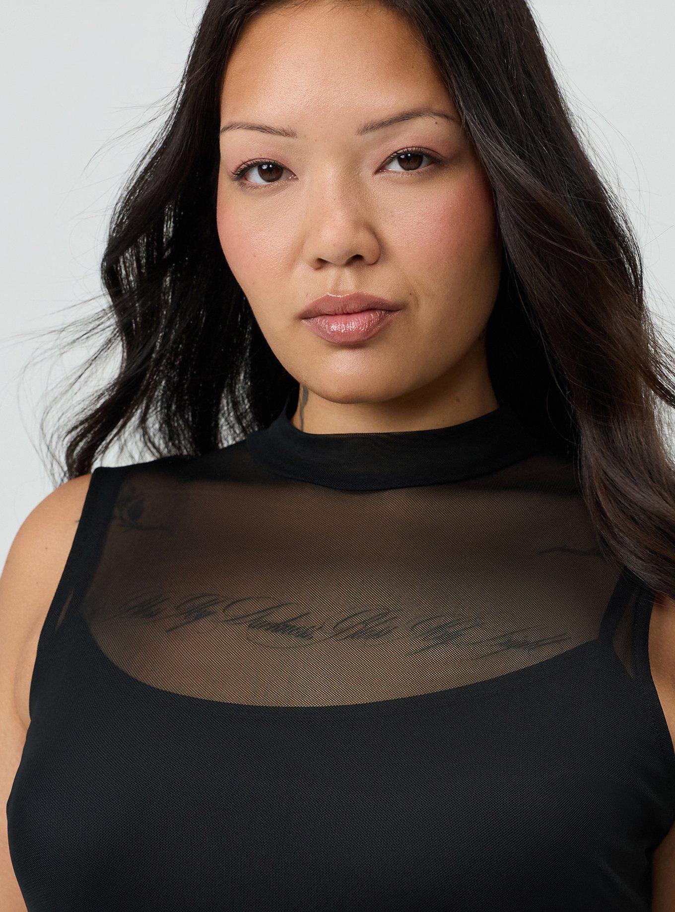 Mesh Mock-Neck Column Dress, DEEP BLACK, alternate