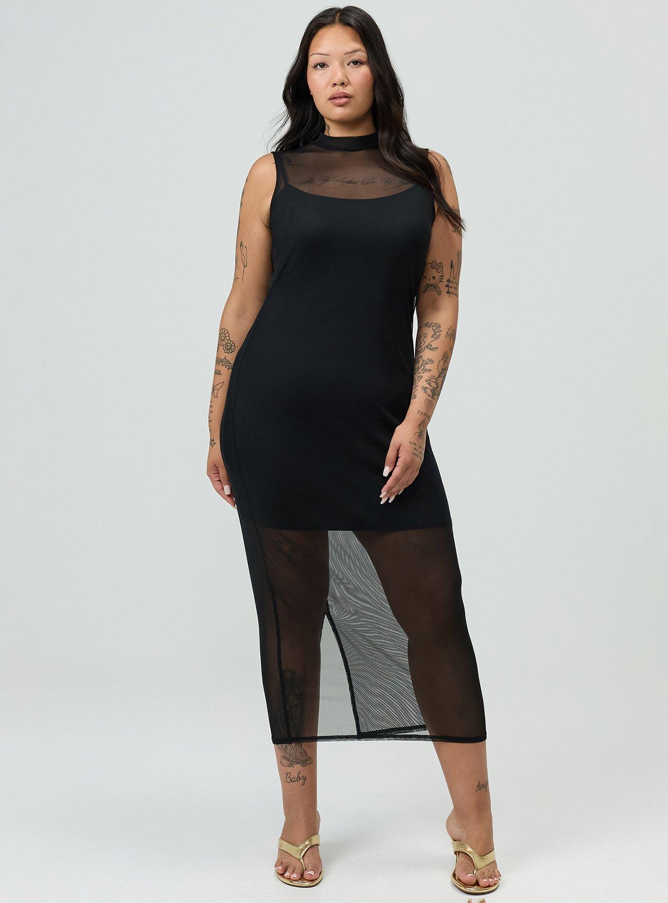 Mesh Mock-Neck Column Dress, DEEP BLACK, hi-res