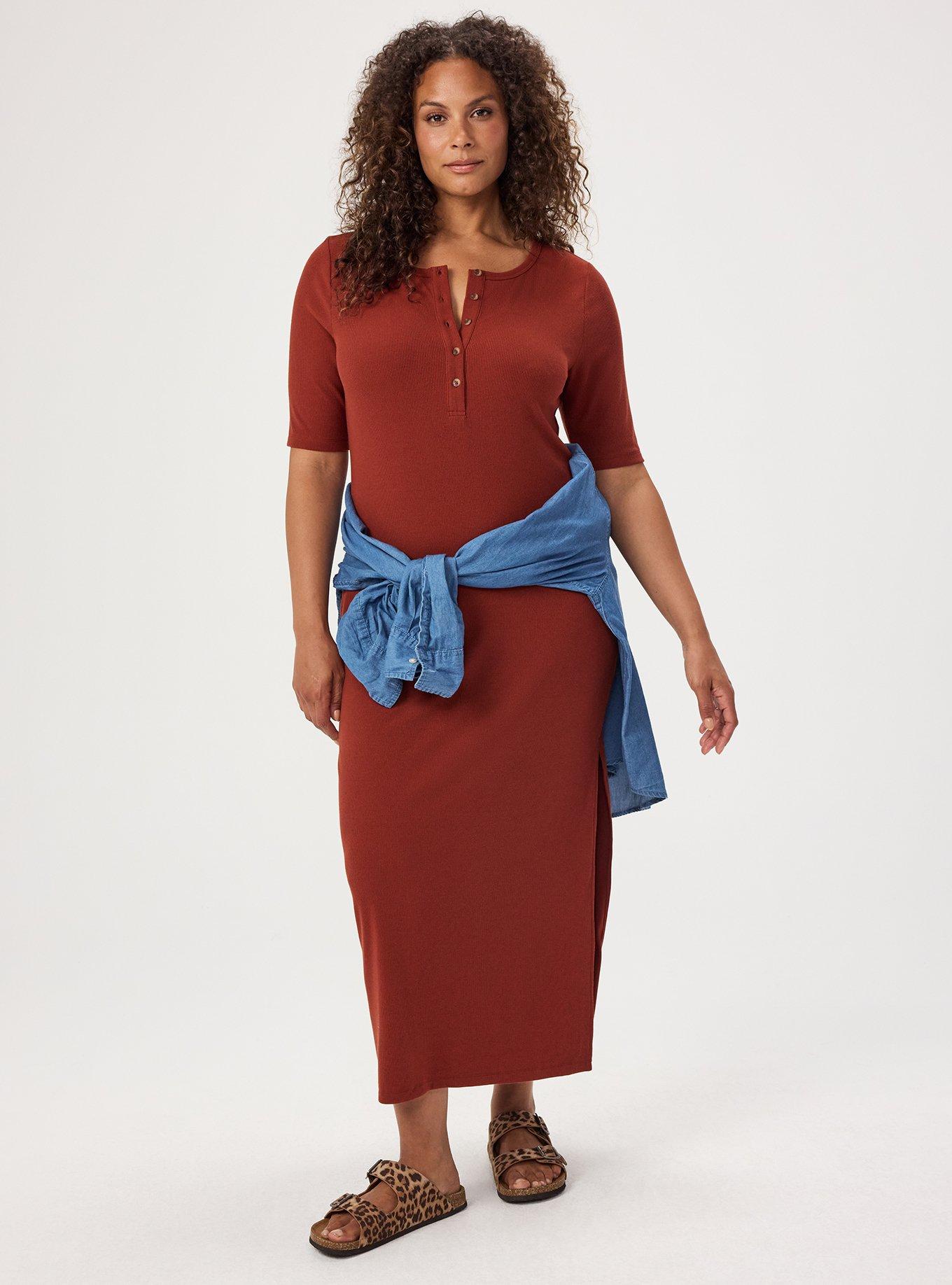 Plus Size Ribbed Henley Maxi Dress, ROASTED RUSSET, hi-res