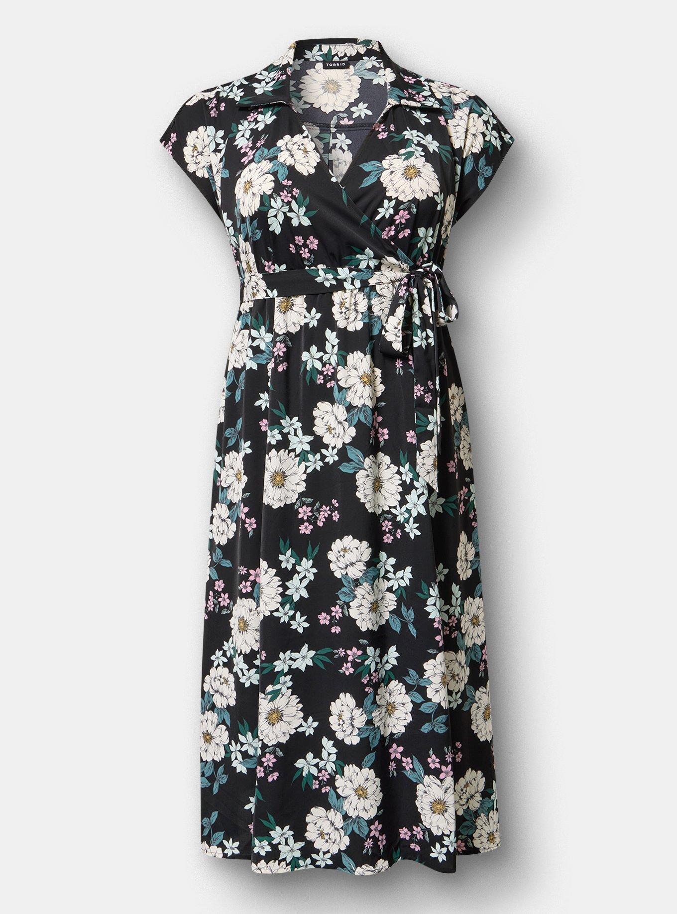 Collared Tea-Length Dress, ARIANA FLORAL BLACK, flat