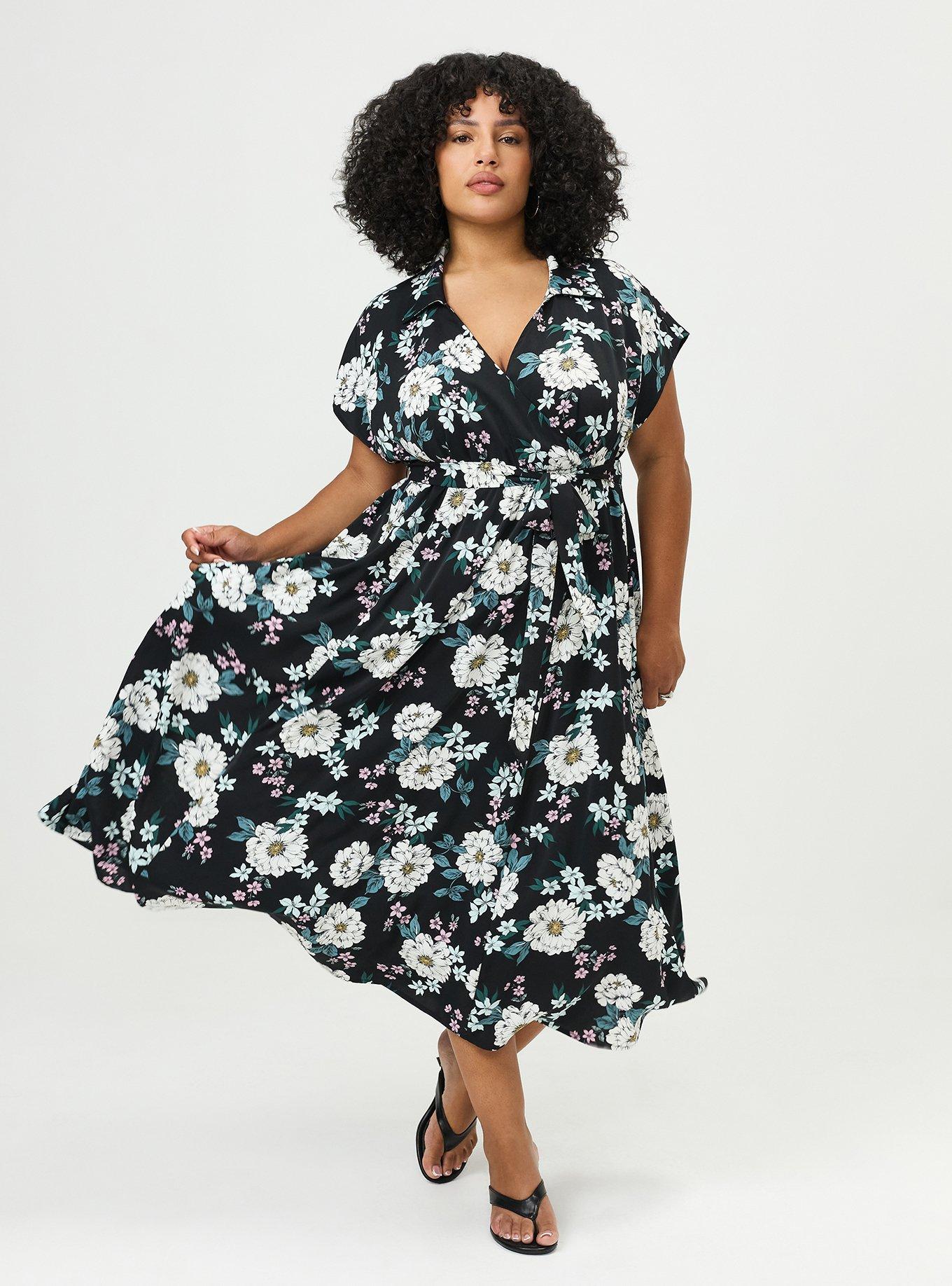 Collared Tea-Length Dress, ARIANA FLORAL BLACK, hi-res