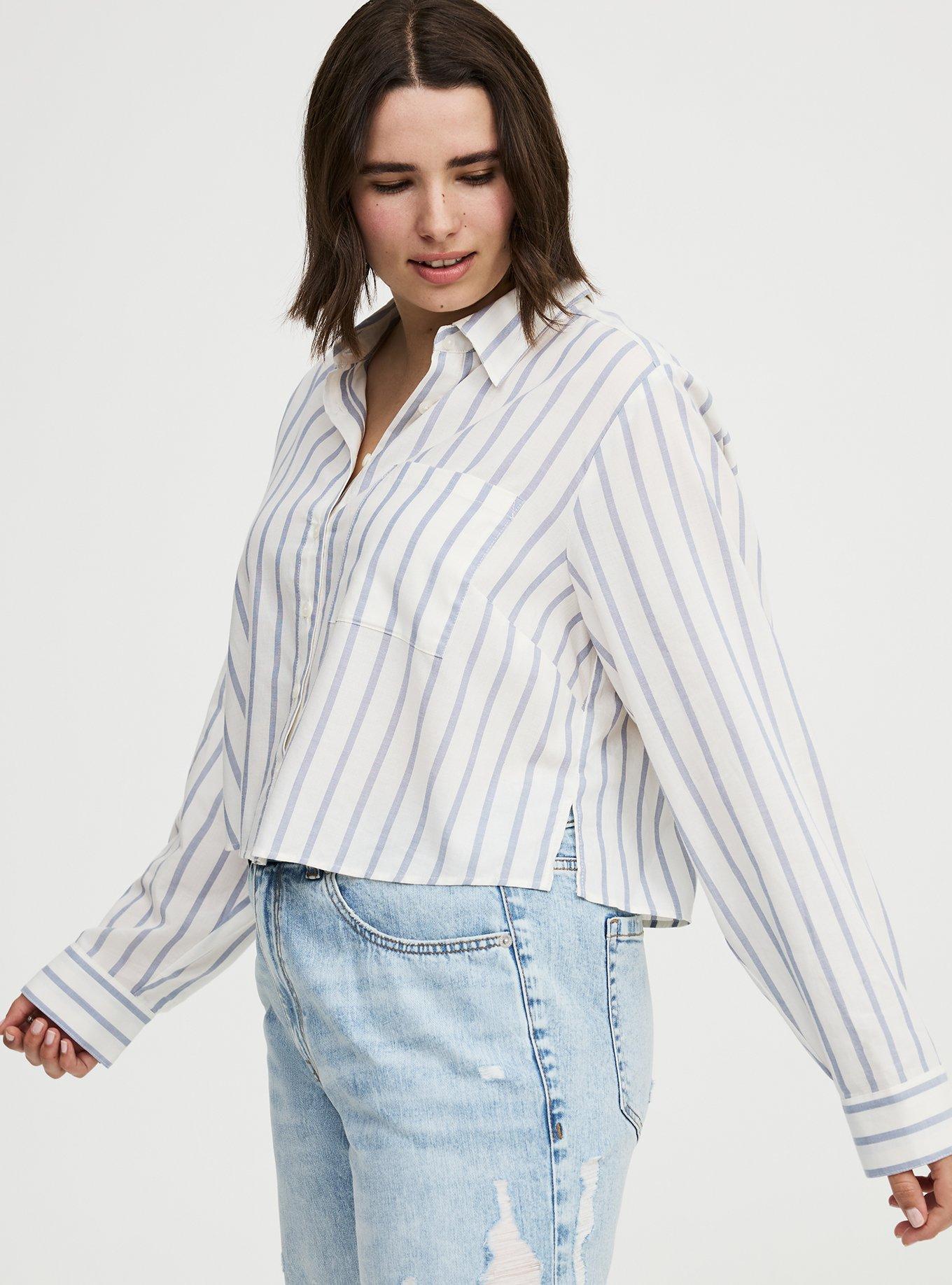 Lizzie Crop Button-Up Shirt, SHIPLAP STRIPE TROPOSPHERE, hi-res