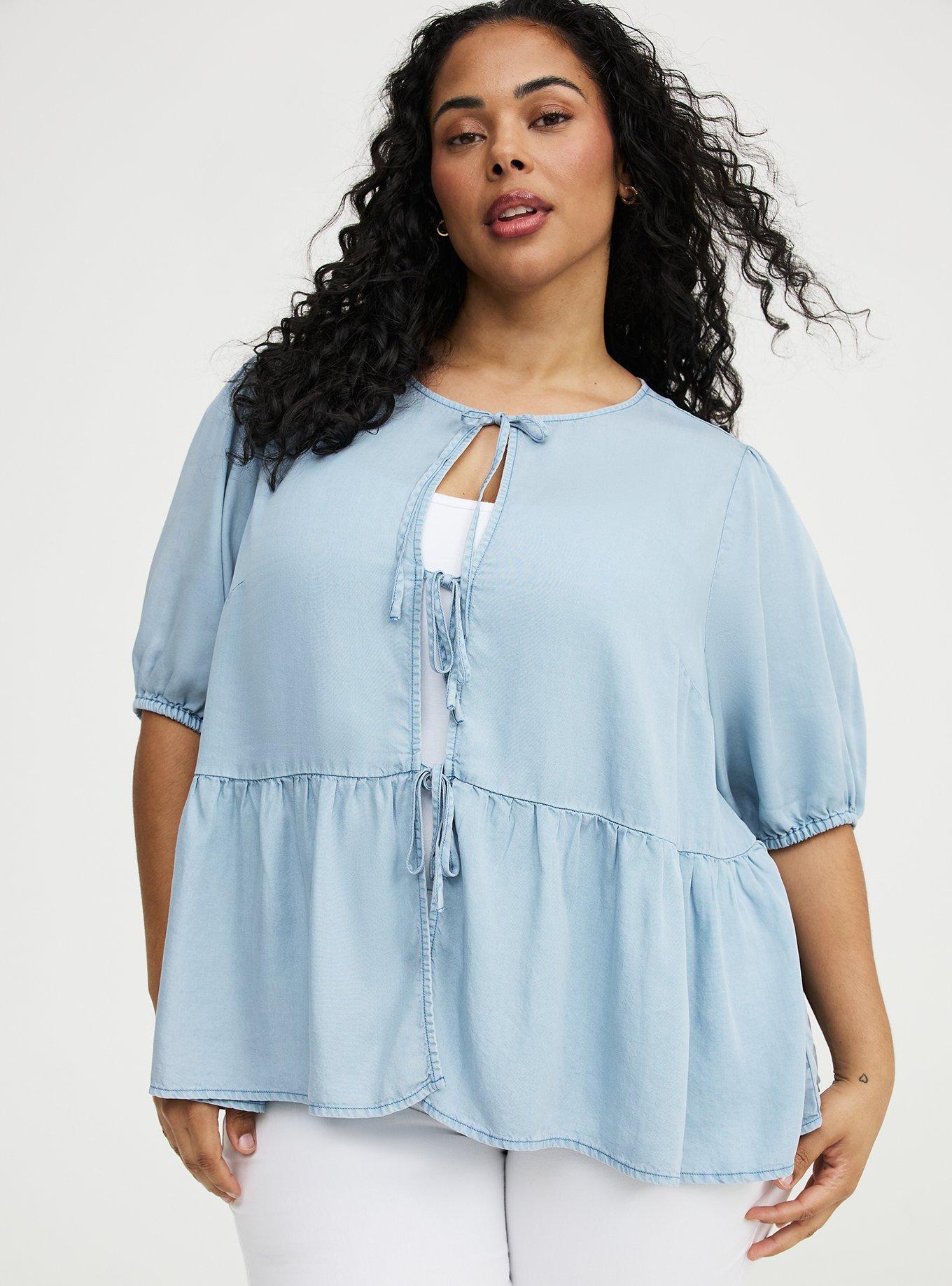 Tie-Front Puff Sleeve Blouse, LIGHT WASH, hi-res