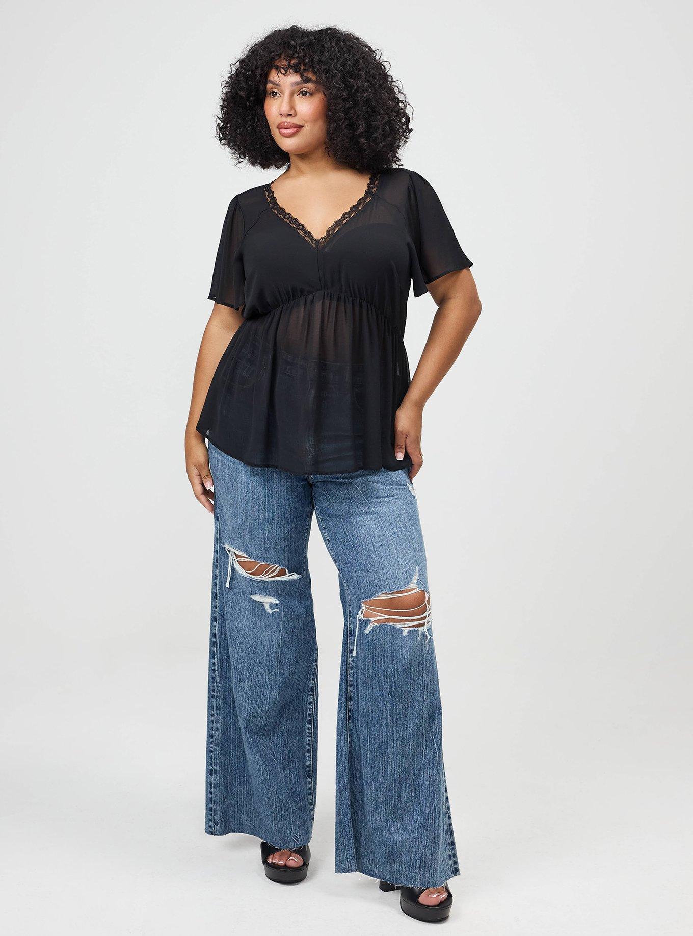 Plus Size Tie Back V-Neck Blouse, DEEP BLACK, alternate