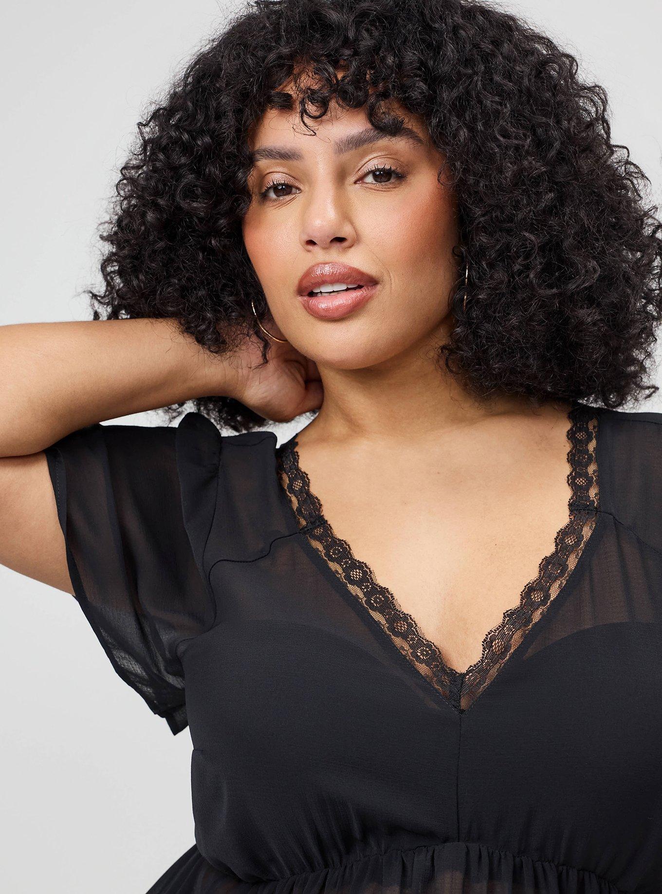Plus Size Tie Back V-Neck Blouse, DEEP BLACK, alternate