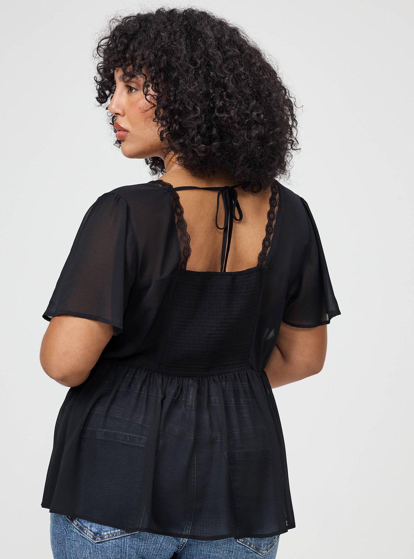 Plus Size Tie Back V-Neck Blouse, DEEP BLACK, alternate