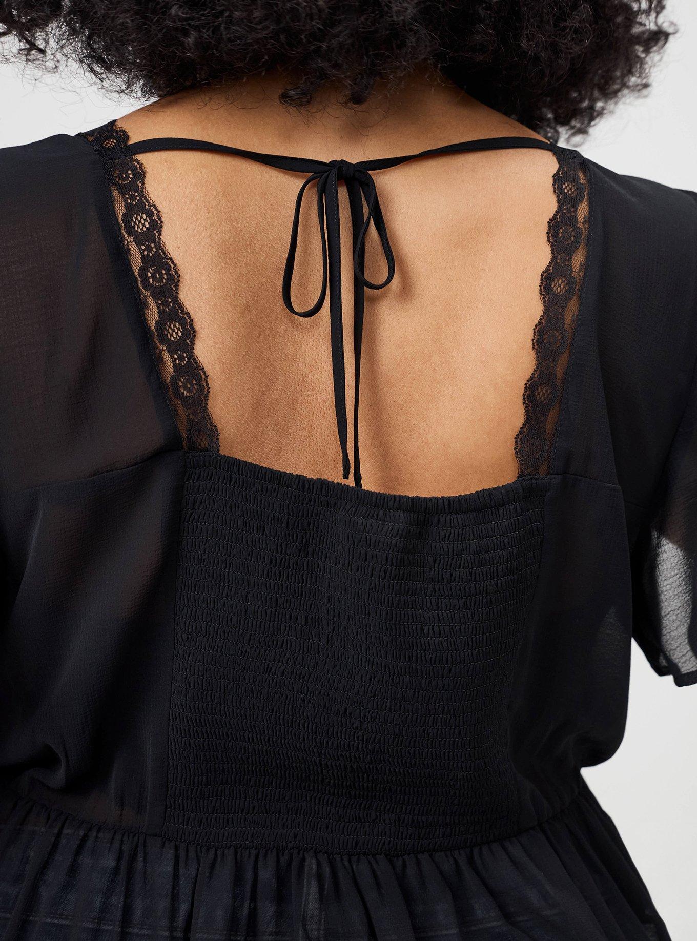 Plus Size Tie Back V-Neck Blouse, DEEP BLACK, alternate