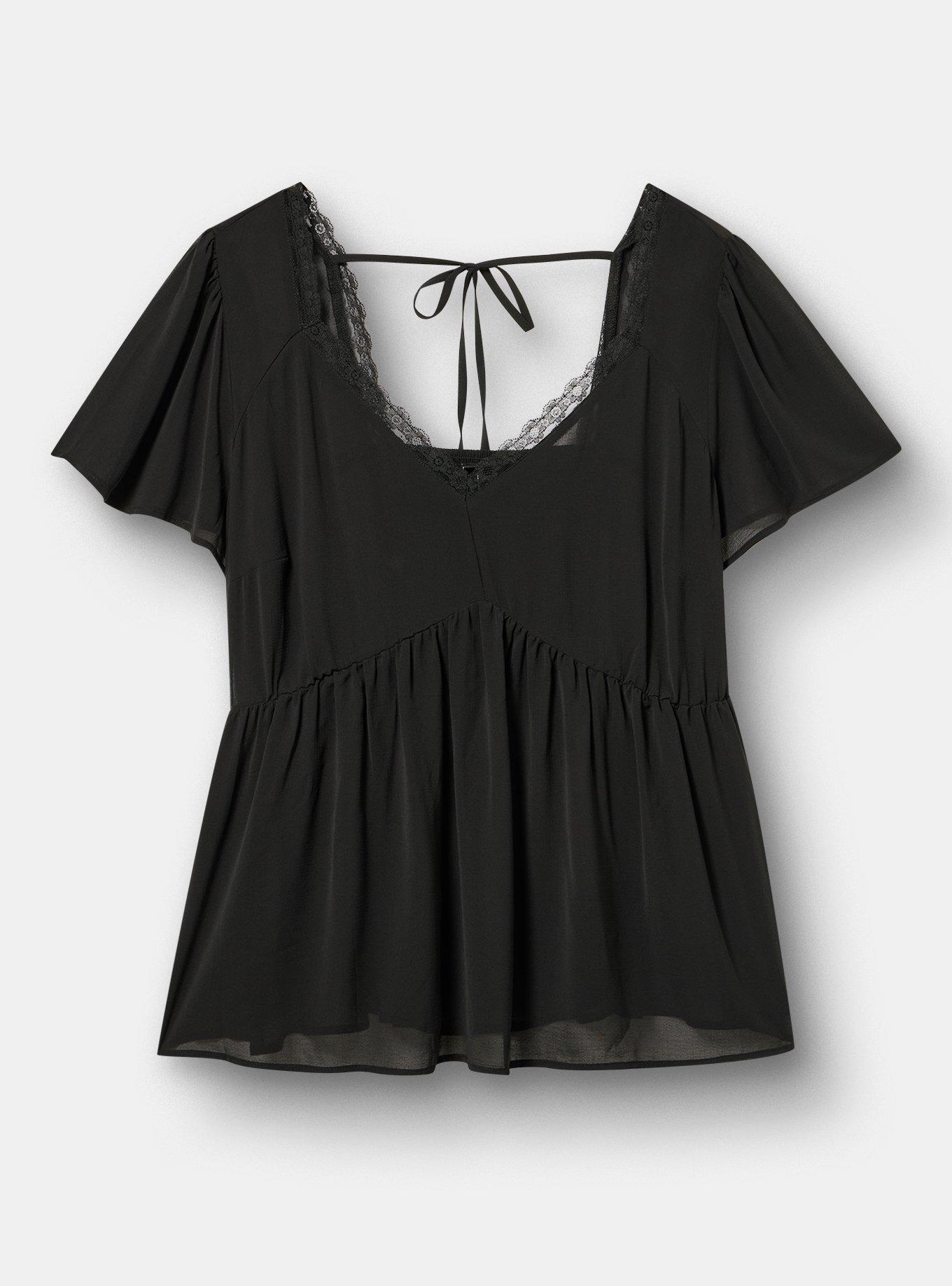 Plus Size Tie Back V-Neck Blouse, DEEP BLACK, flat