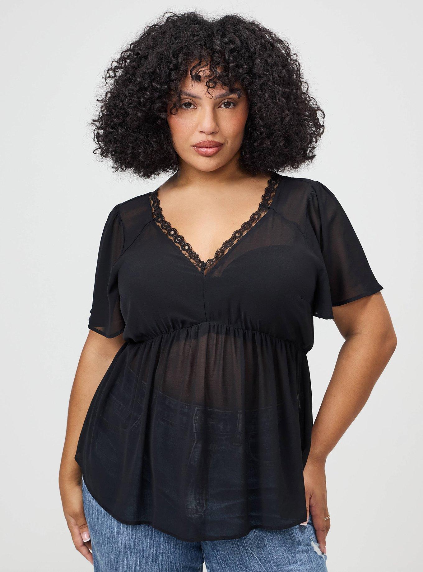 Plus Size Tie Back V-Neck Blouse, DEEP BLACK, hi-res