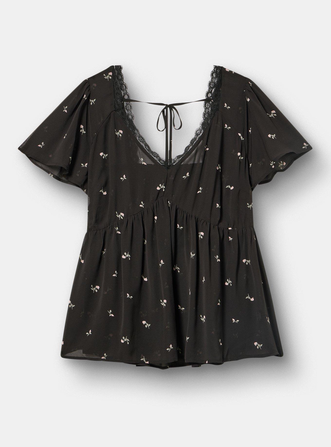 Tie Back V-Neck Blouse, ROSEY STEM DITSY FLORAL BLACK, flat