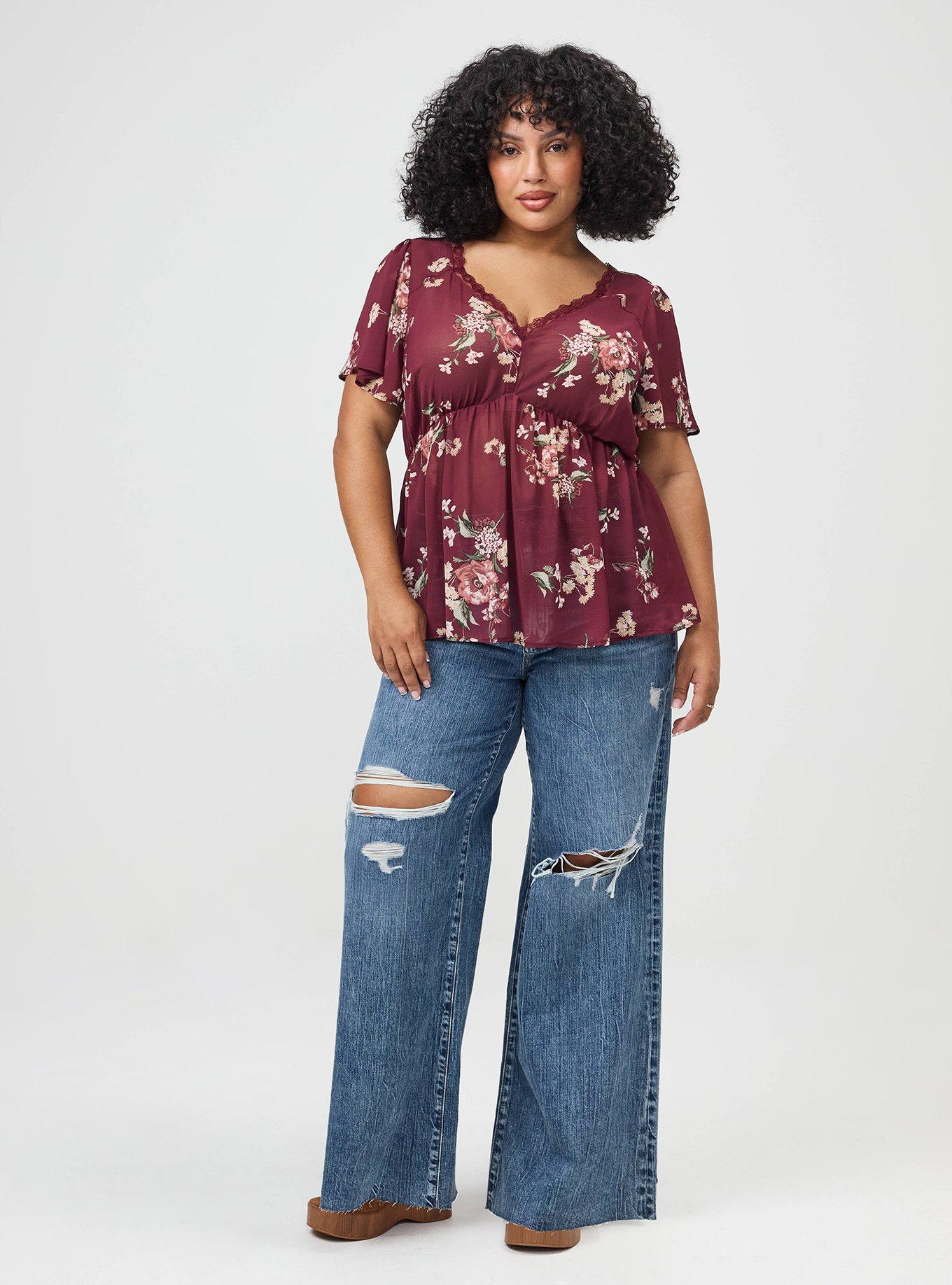 Plus Size Tie Back V-Neck Blouse, FALL BOUQUET FLORAL BURGUNDY, alternate