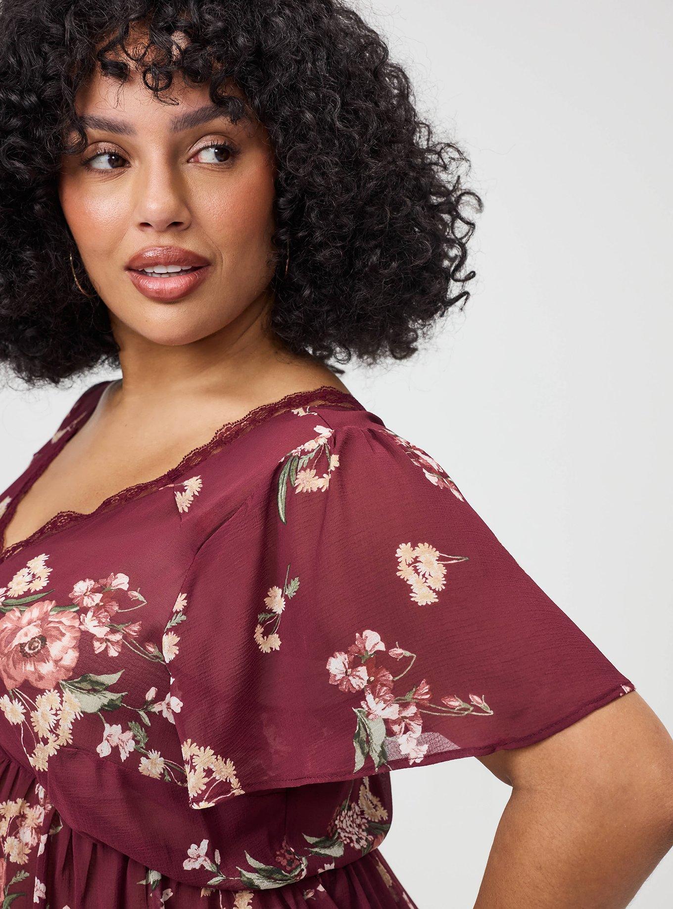 Plus Size Tie Back V-Neck Blouse, FALL BOUQUET FLORAL BURGUNDY, alternate