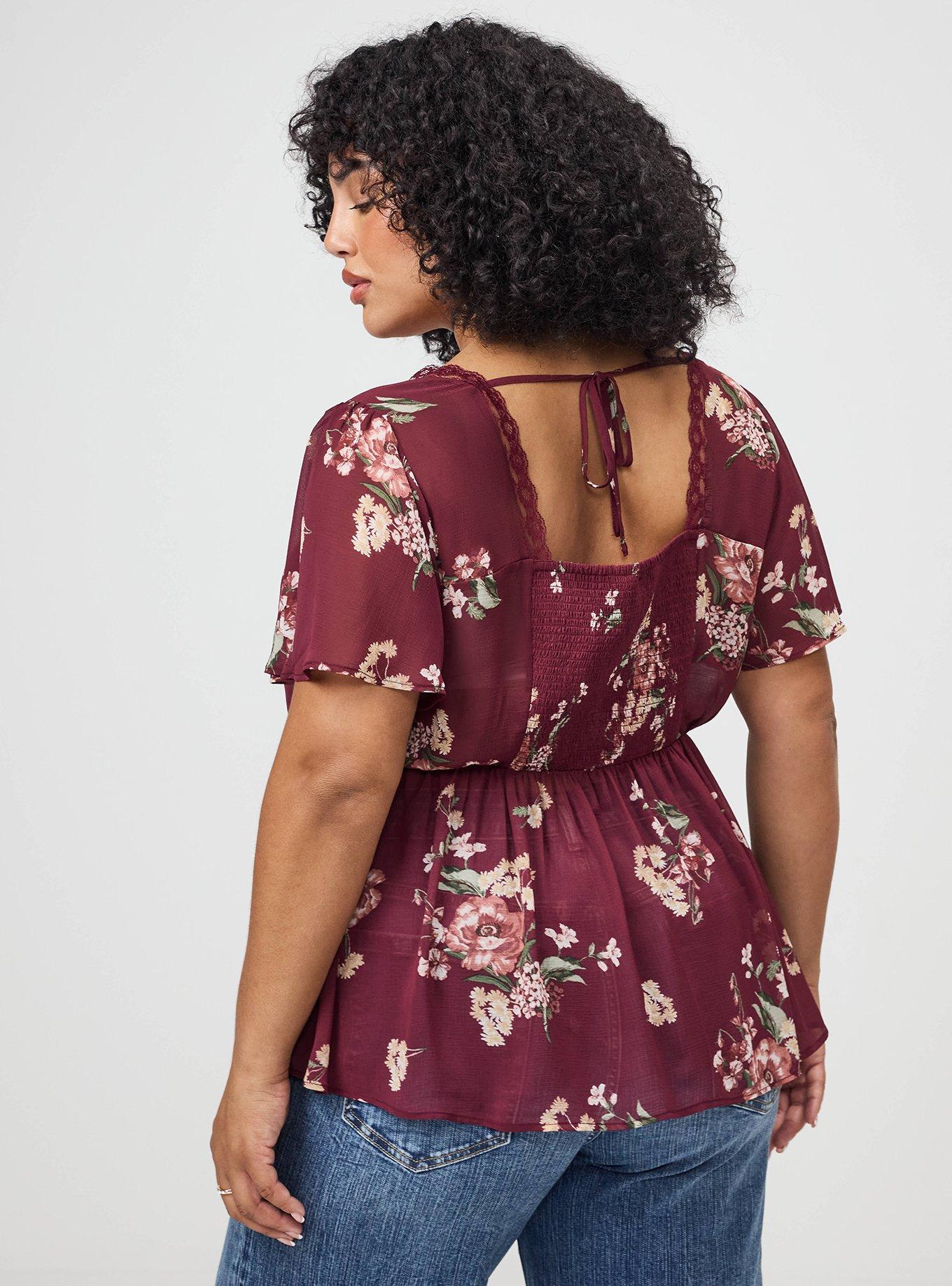Plus Size Tie Back V-Neck Blouse, FALL BOUQUET FLORAL BURGUNDY, alternate