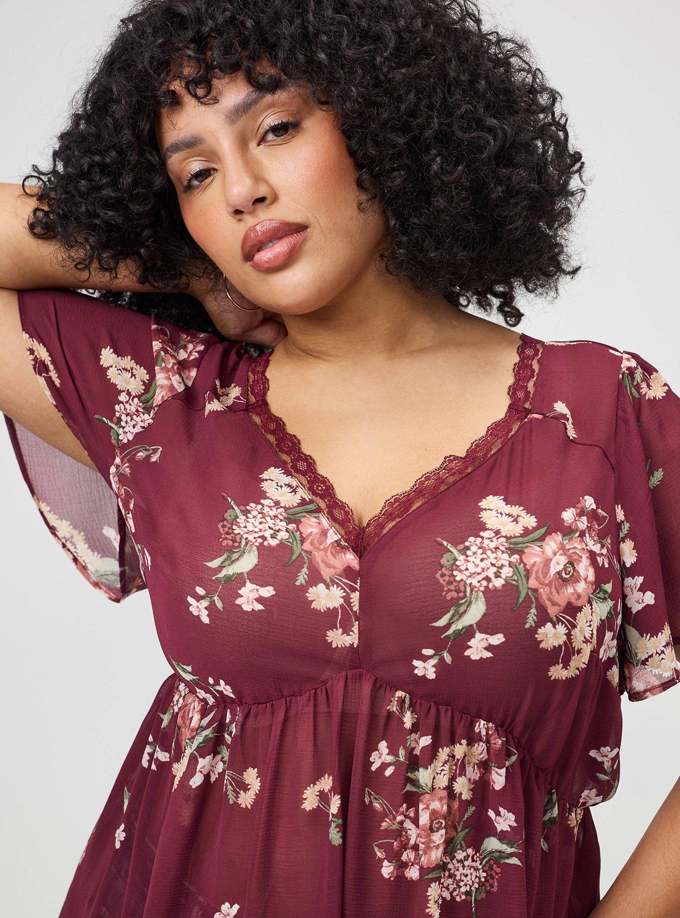 Plus Size Tie Back V-Neck Blouse, FALL BOUQUET FLORAL BURGUNDY, alternate