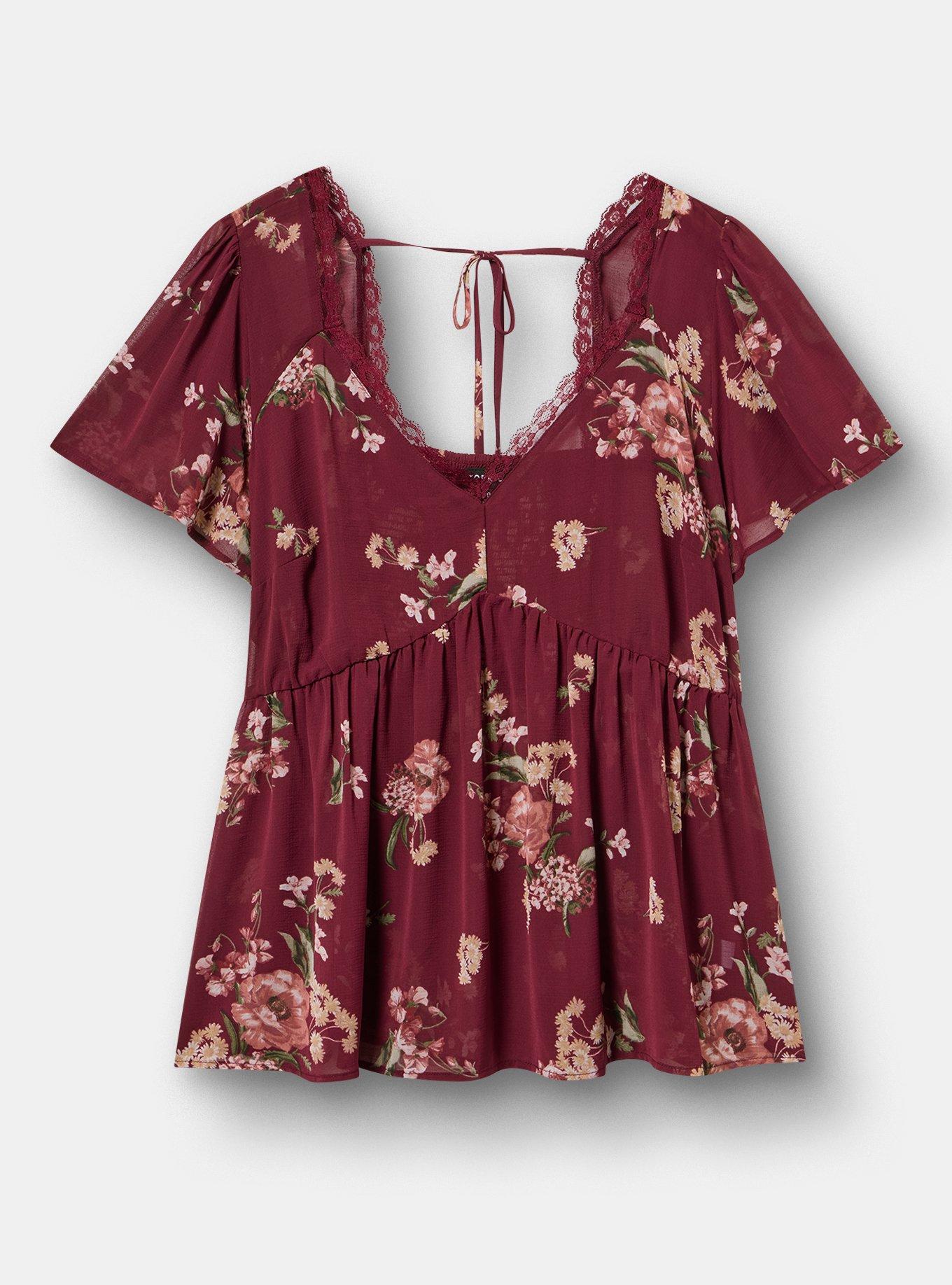 Plus Size Tie Back V-Neck Blouse, FALL BOUQUET FLORAL BURGUNDY, hi-res