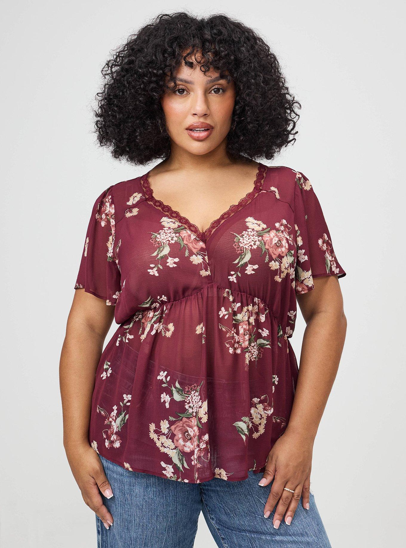 Plus Size Tie Back V-Neck Blouse, FALL BOUQUET FLORAL BURGUNDY, hi-res