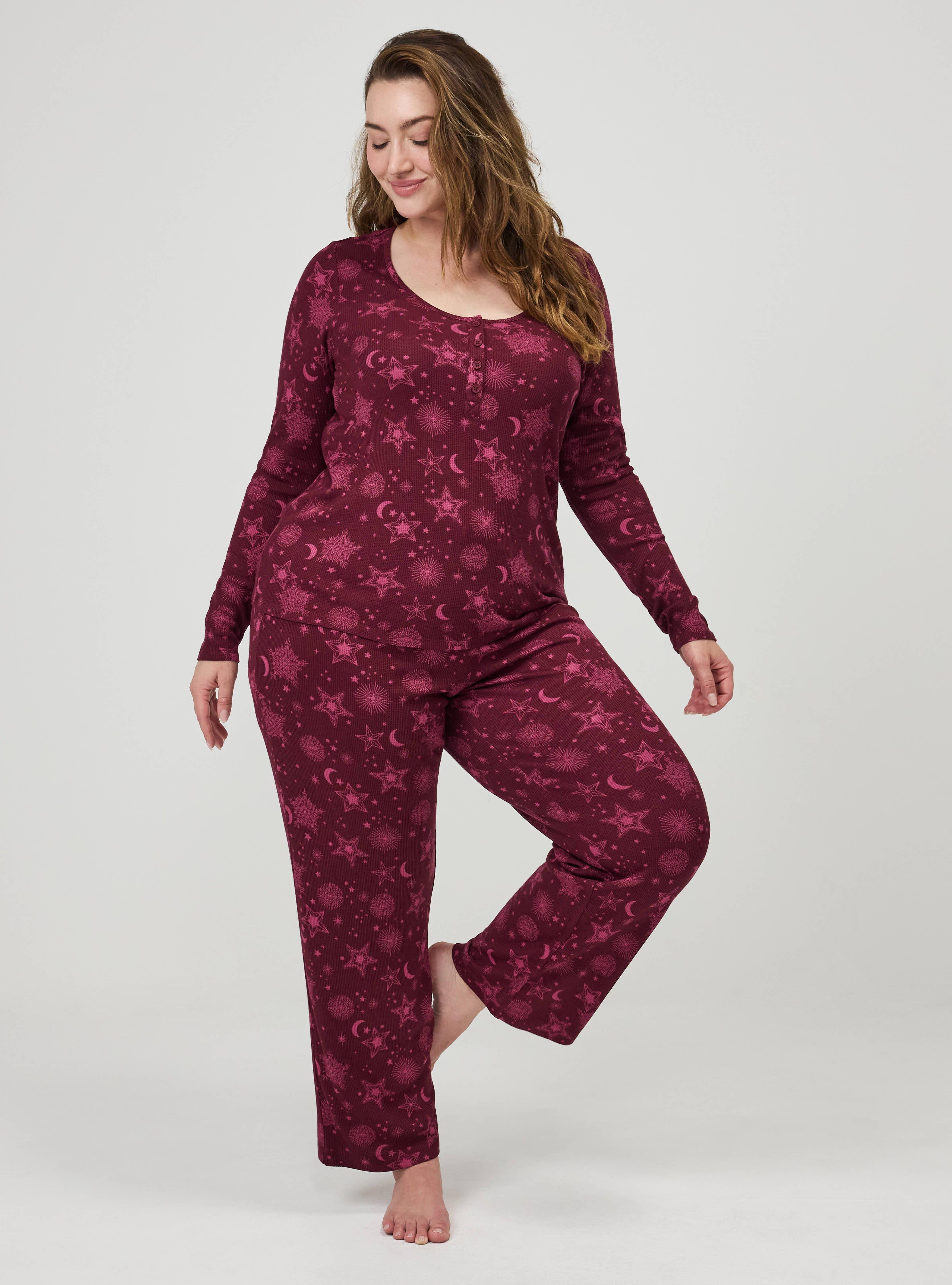 Plus Size Waffle Henley Sleep Long Sleeve Top, BURST STARS BURGUNDY, alternate