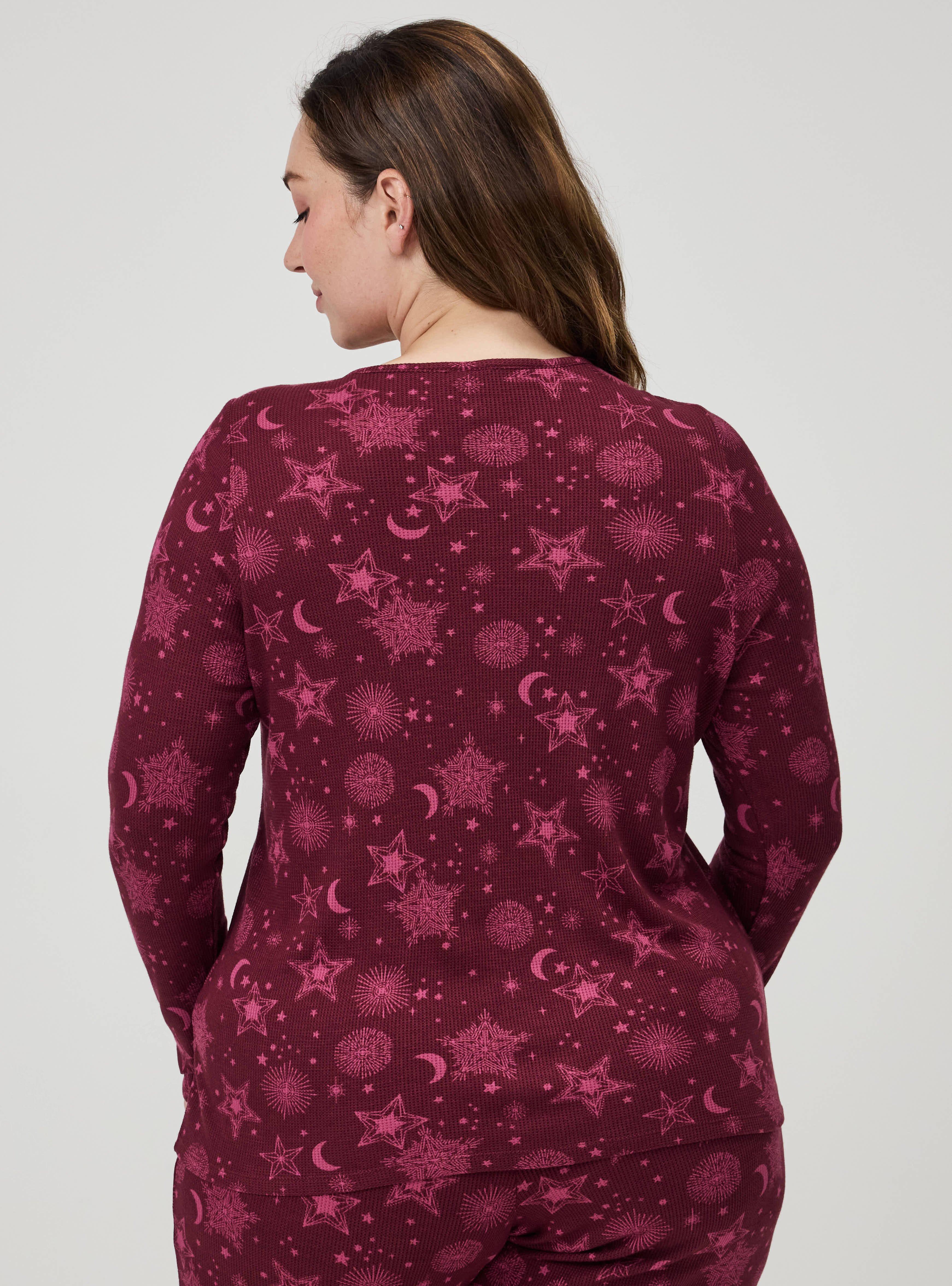 Plus Size Waffle Henley Sleep Long Sleeve Top, BURST STARS BURGUNDY, alternate