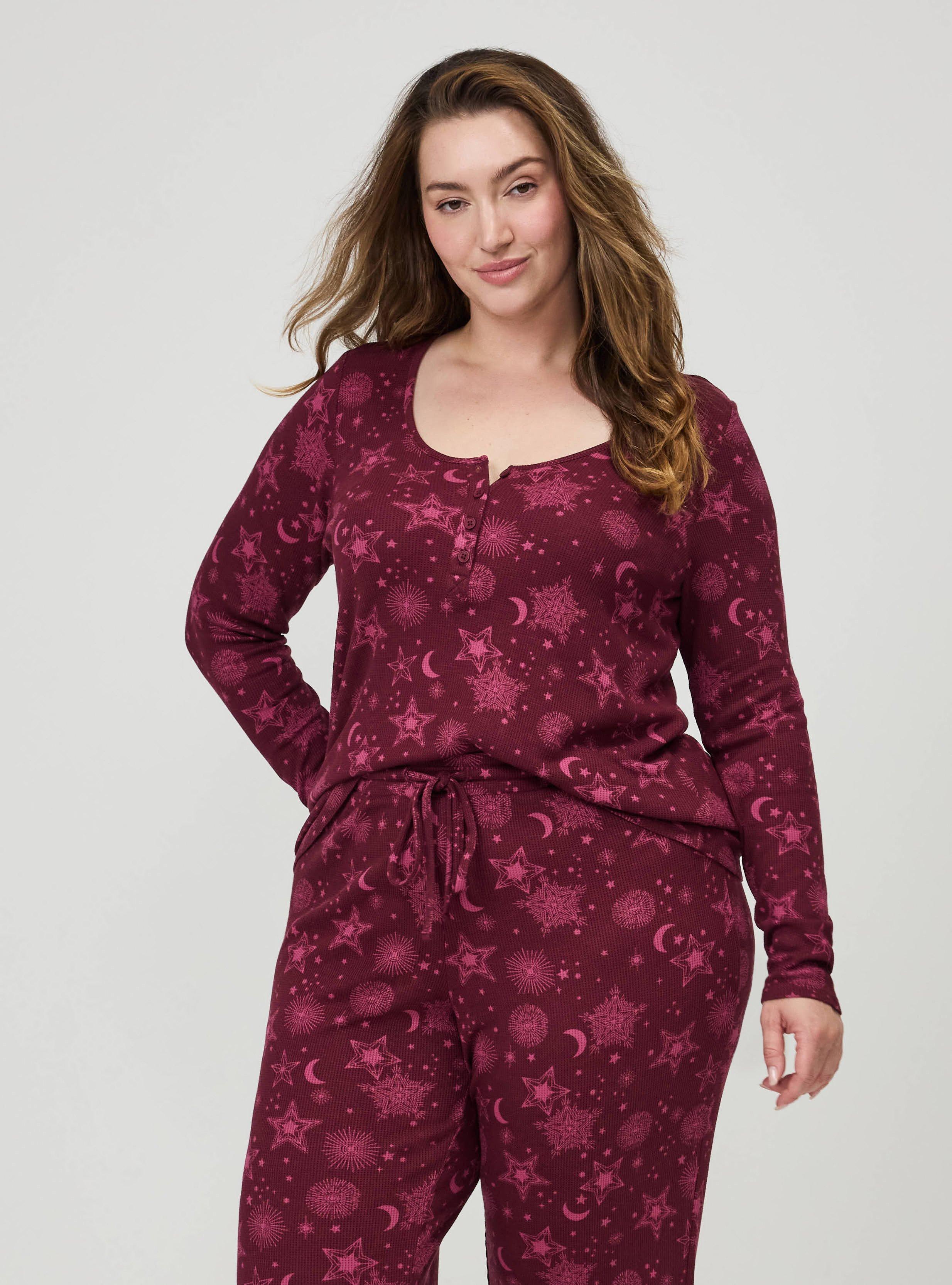 Plus Size Waffle Henley Sleep Long Sleeve Top, BURST STARS BURGUNDY, alternate