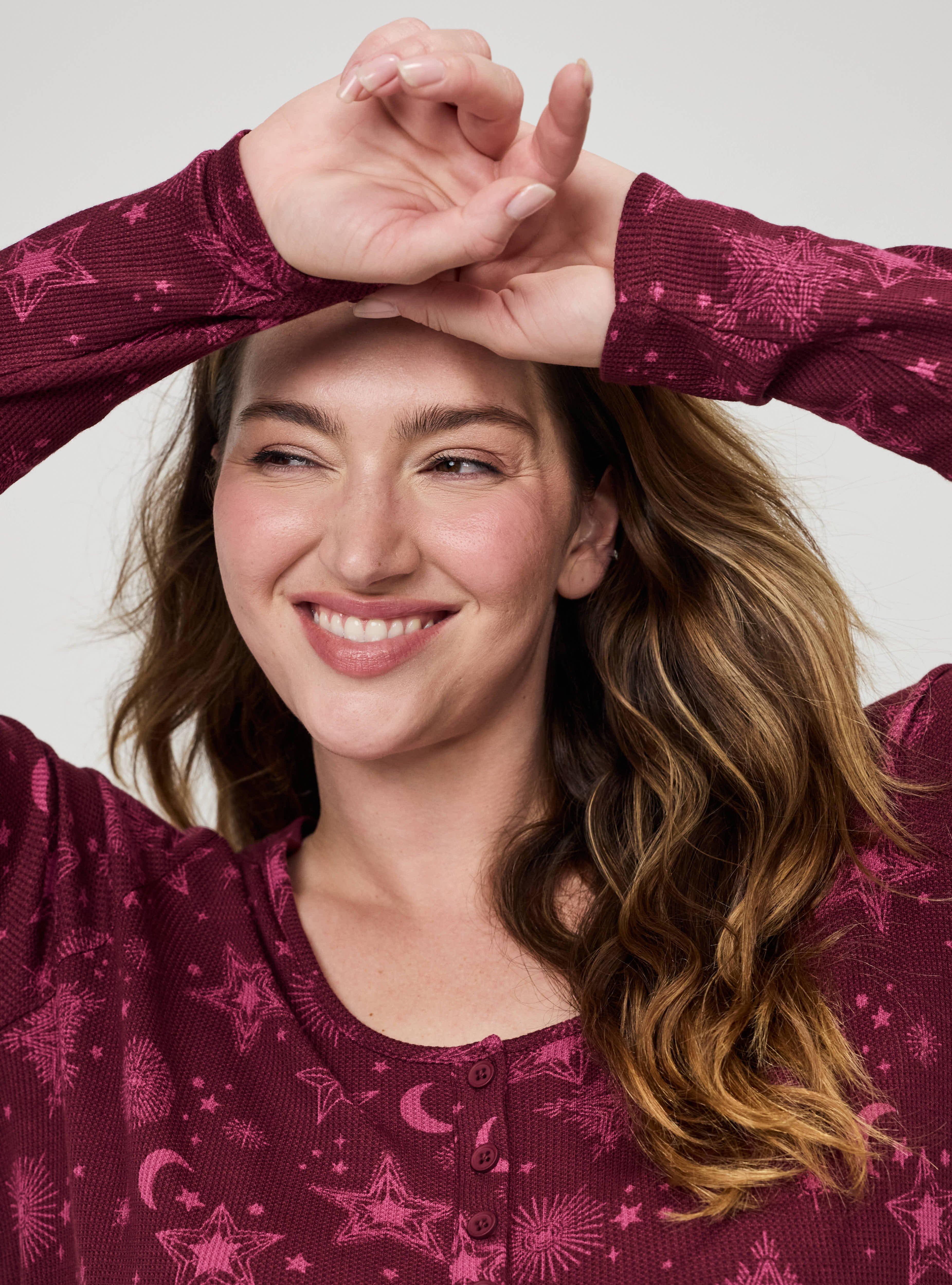 Plus Size Waffle Henley Sleep Long Sleeve Top, BURST STARS BURGUNDY, alternate