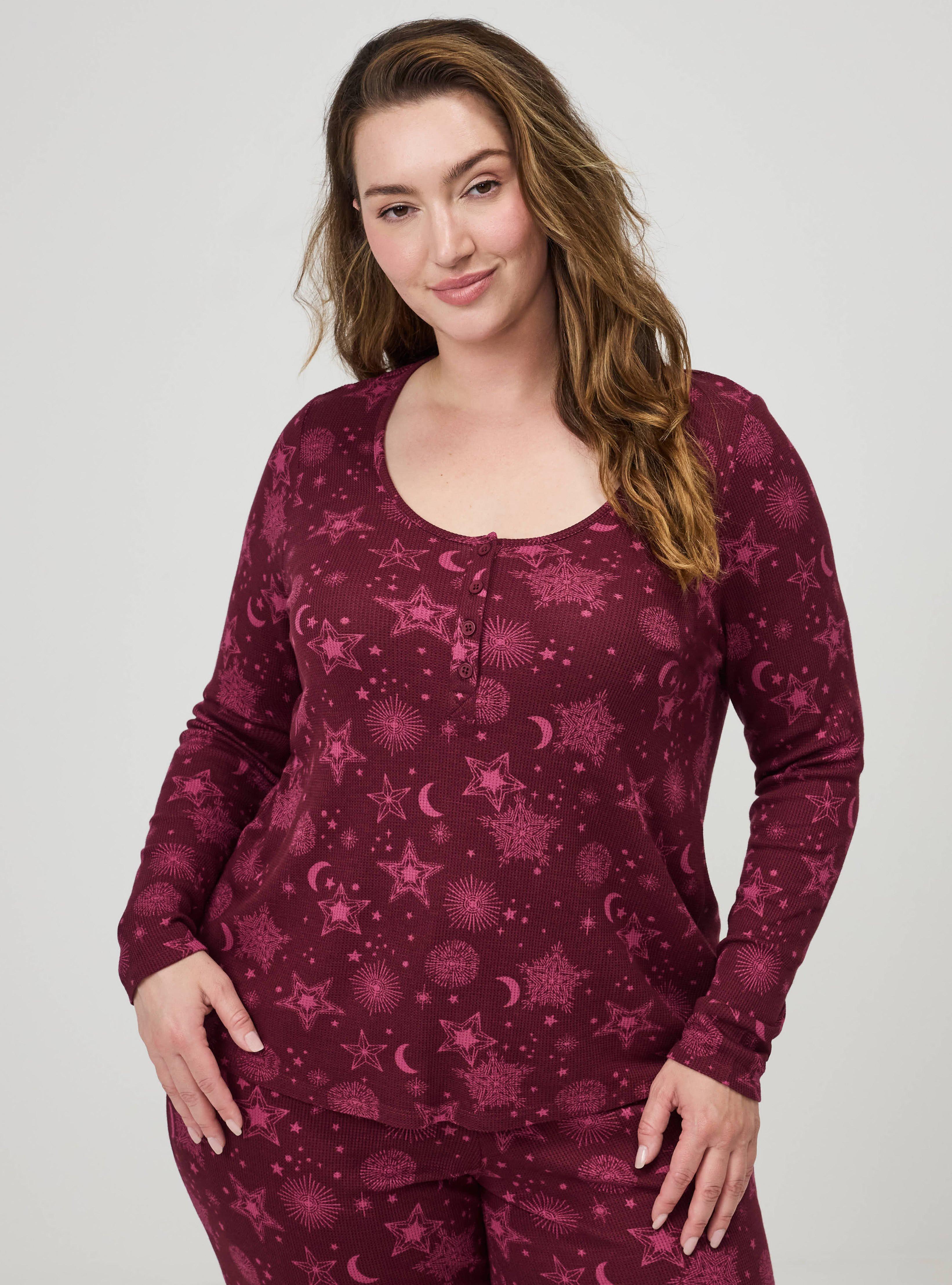 Plus Size Waffle Henley Sleep Long Sleeve Top, BURST STARS BURGUNDY, alternate