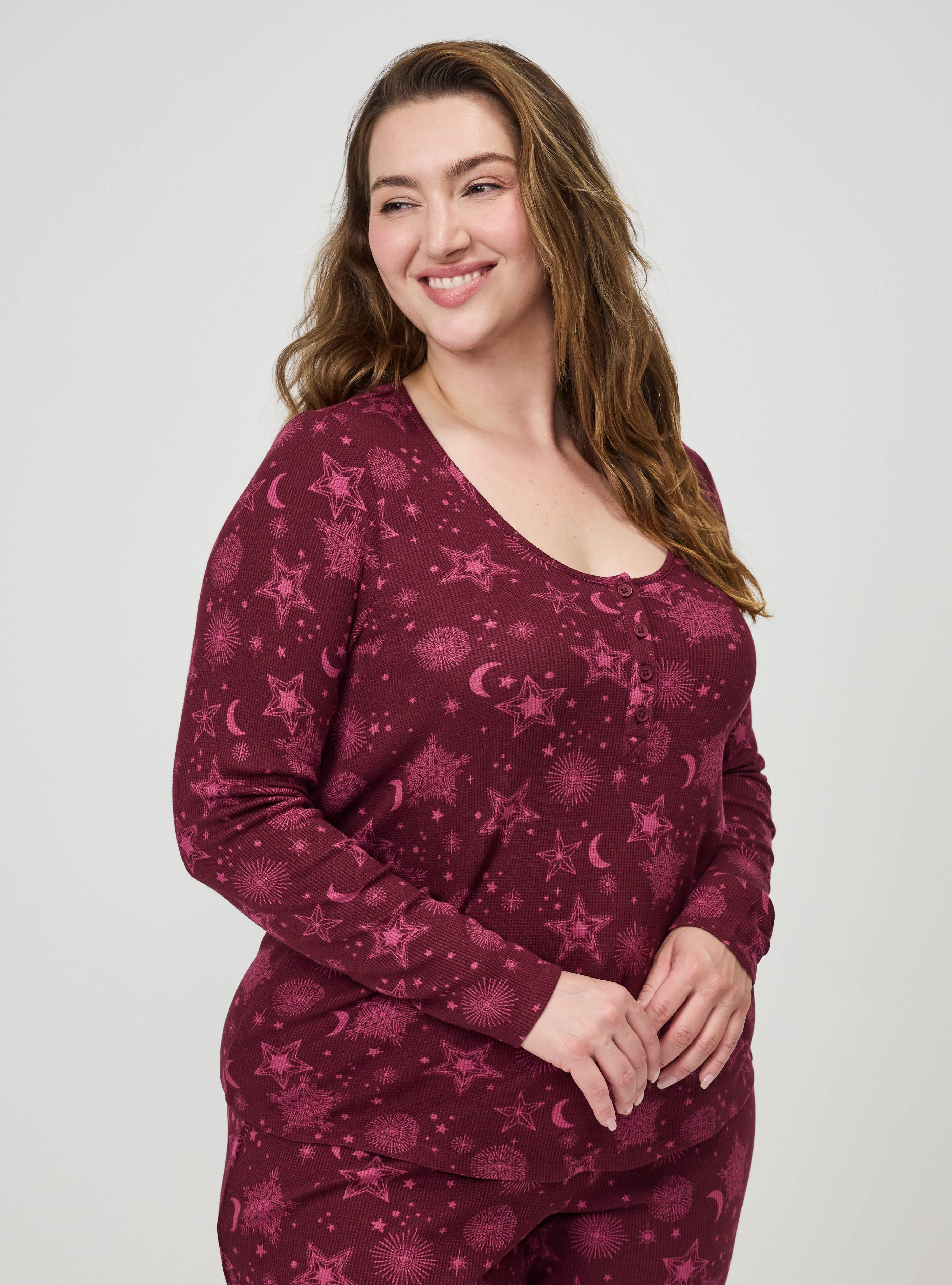 Plus Size Waffle Henley Sleep Long Sleeve Top, BURST STARS BURGUNDY, hi-res