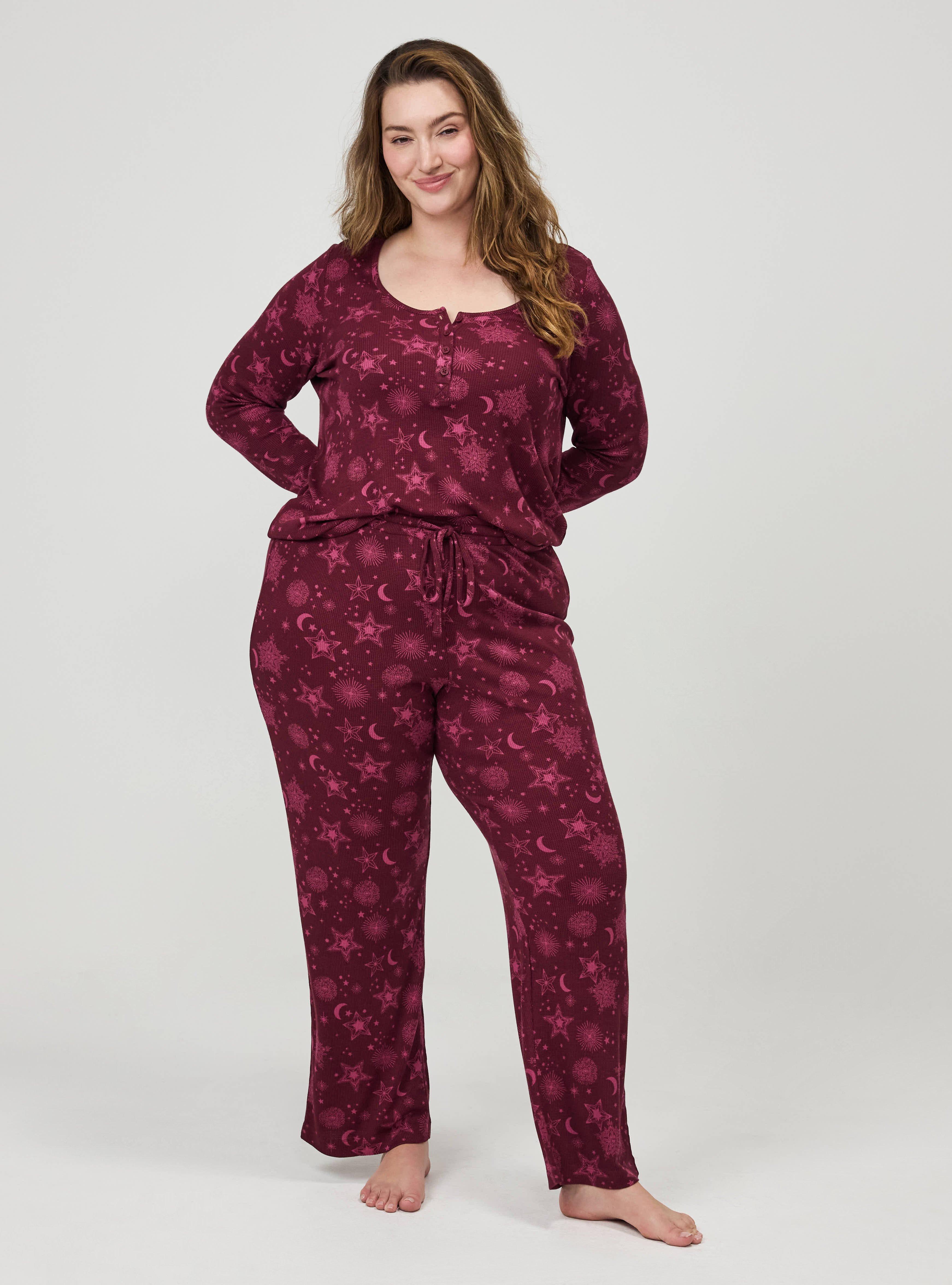 Plus Size Waffle Sleep Pant, BURST STARS BURGUNDY, alternate