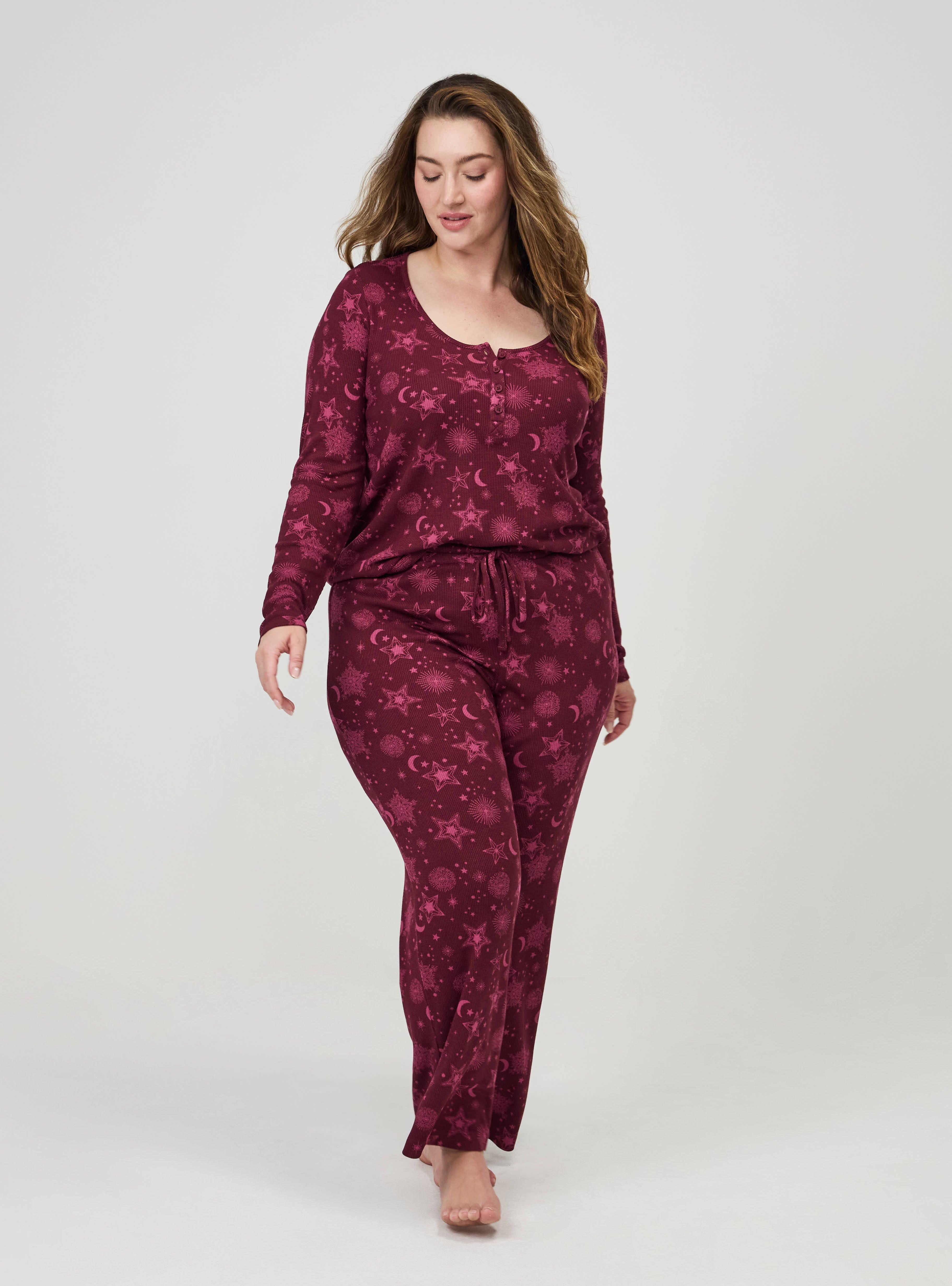 Plus Size Waffle Sleep Pant, BURST STARS BURGUNDY, hi-res