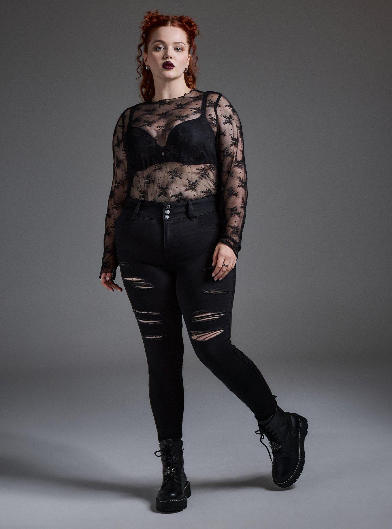 Sheer Lace Crew Long Sleeve Top