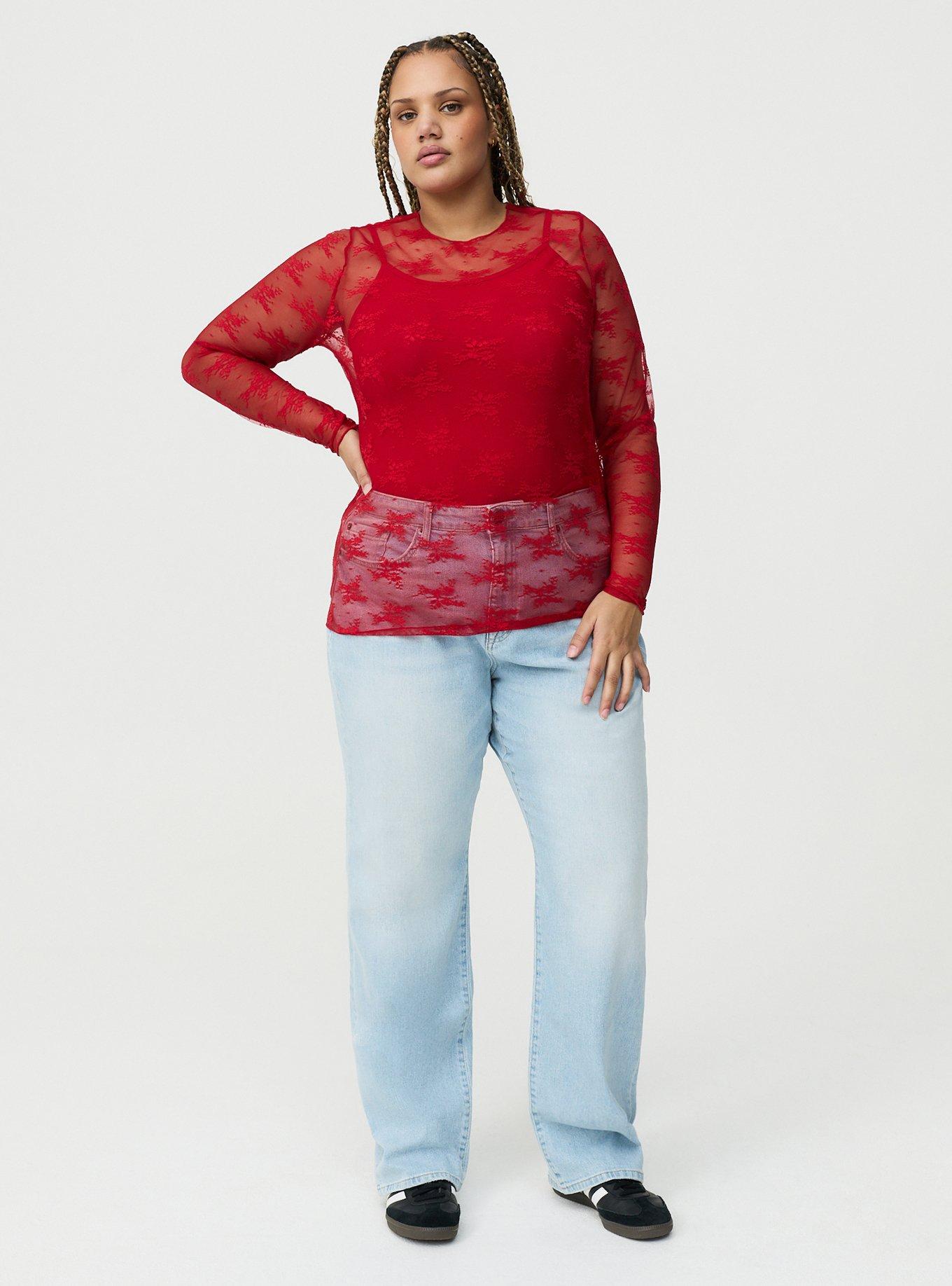 Plus Size Sheer Lace Crew Neck Long Sleeve Top, JESTER RED, alternate