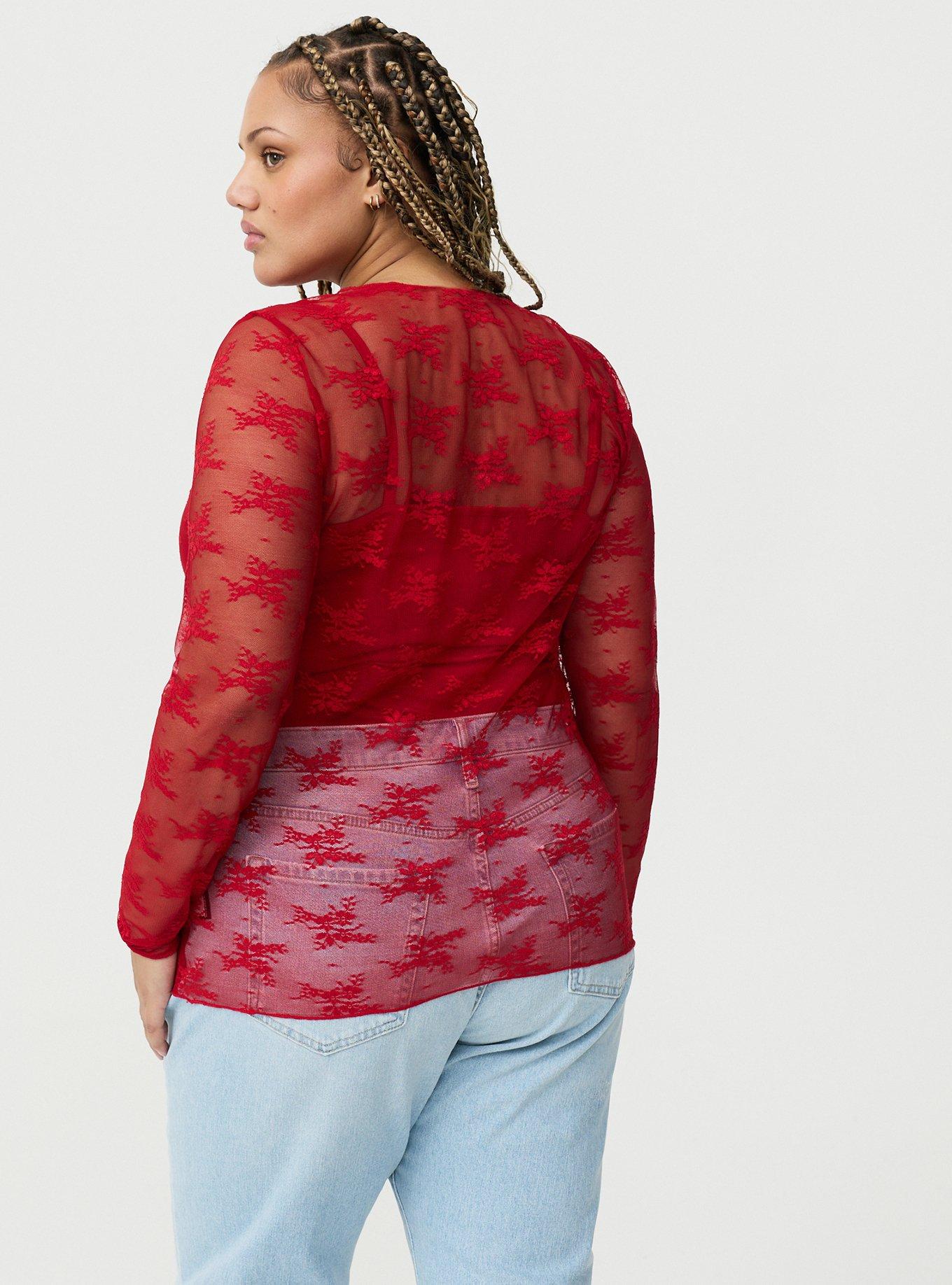 Sheer Lace Long Sleeve Crew Top, JESTER RED, alternate