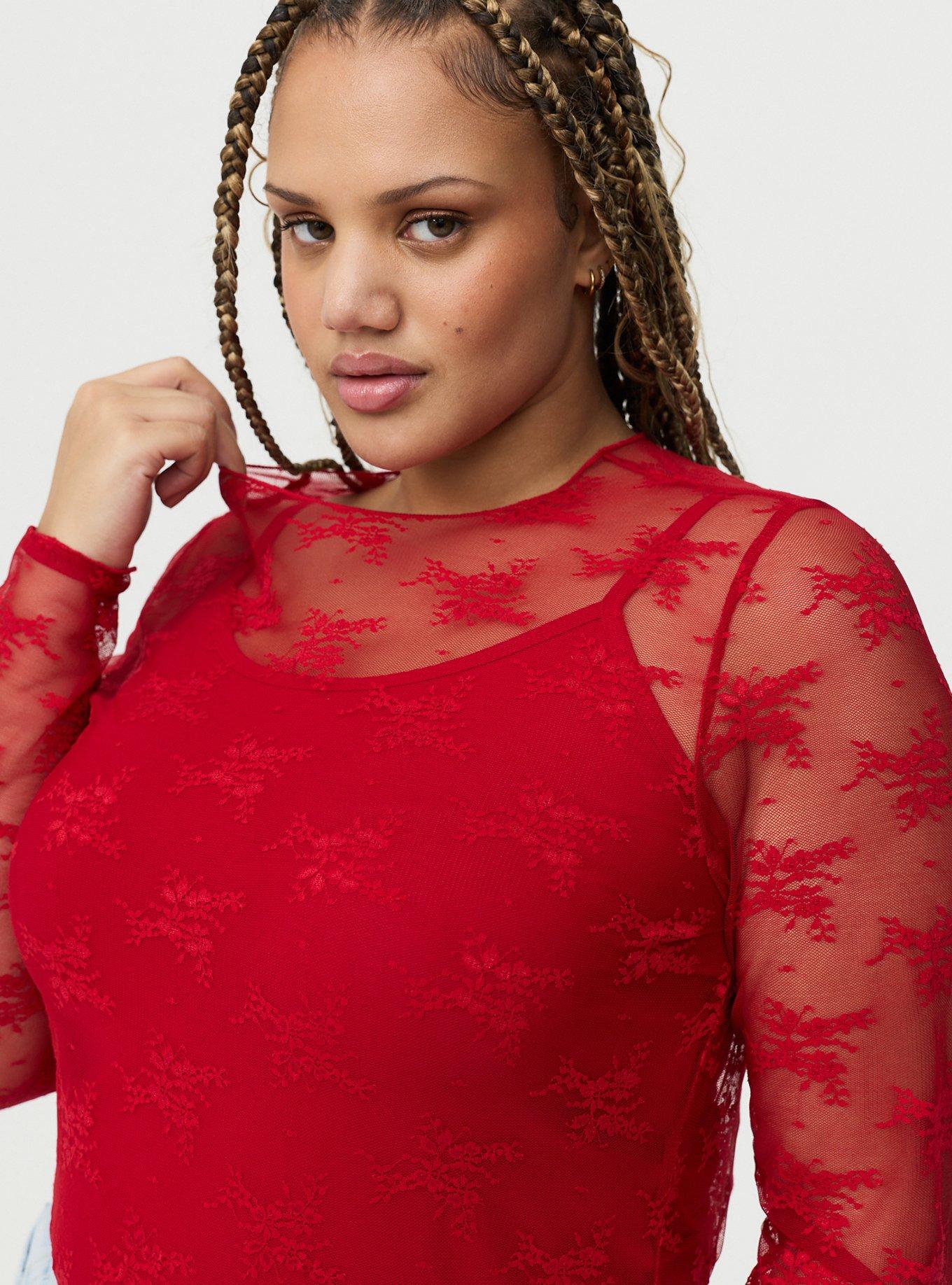 Sheer Lace Long Sleeve Crew Top, JESTER RED, alternate