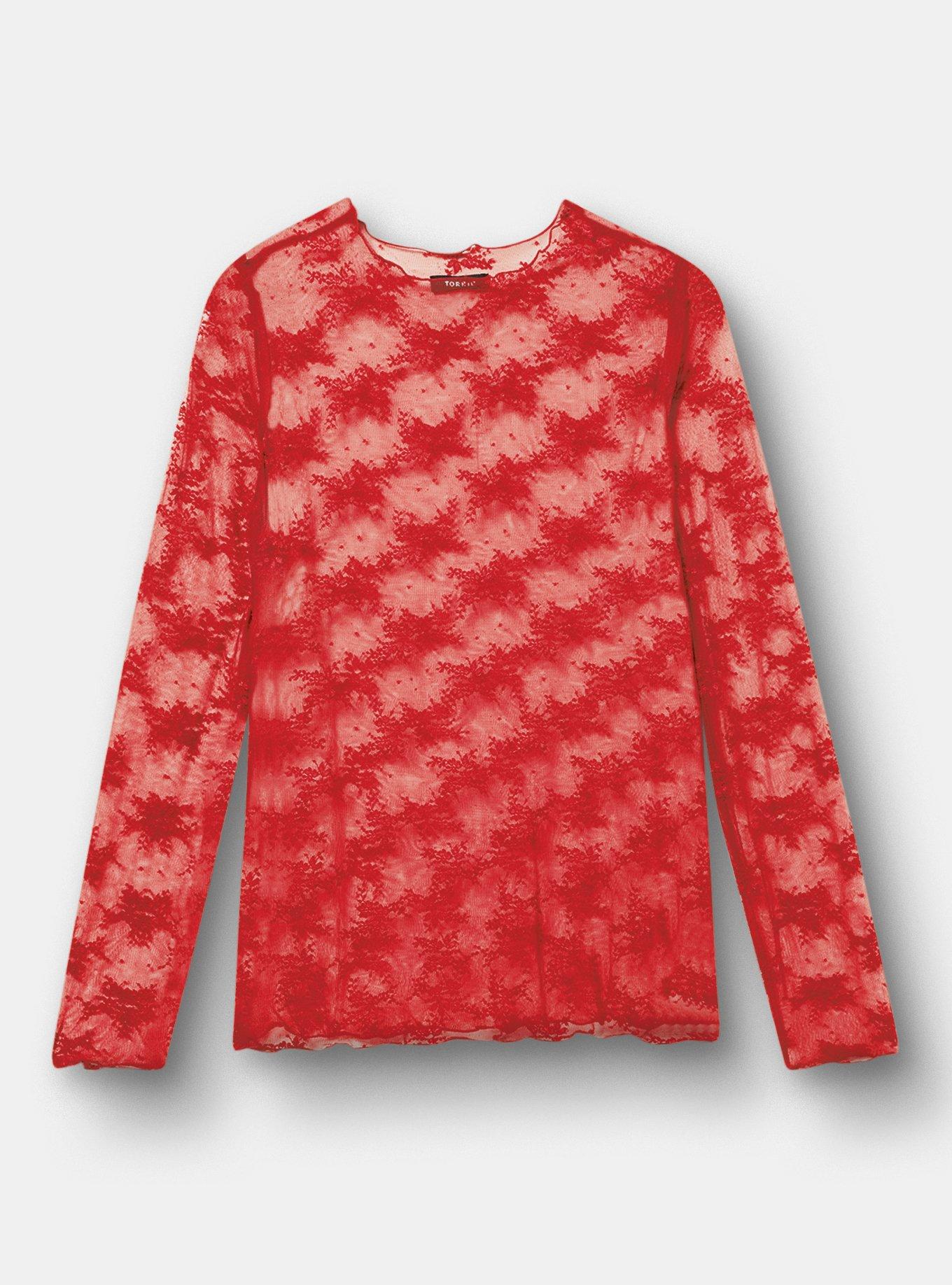 Plus Size Sheer Lace Crew Neck Long Sleeve Top, JESTER RED, hi-res