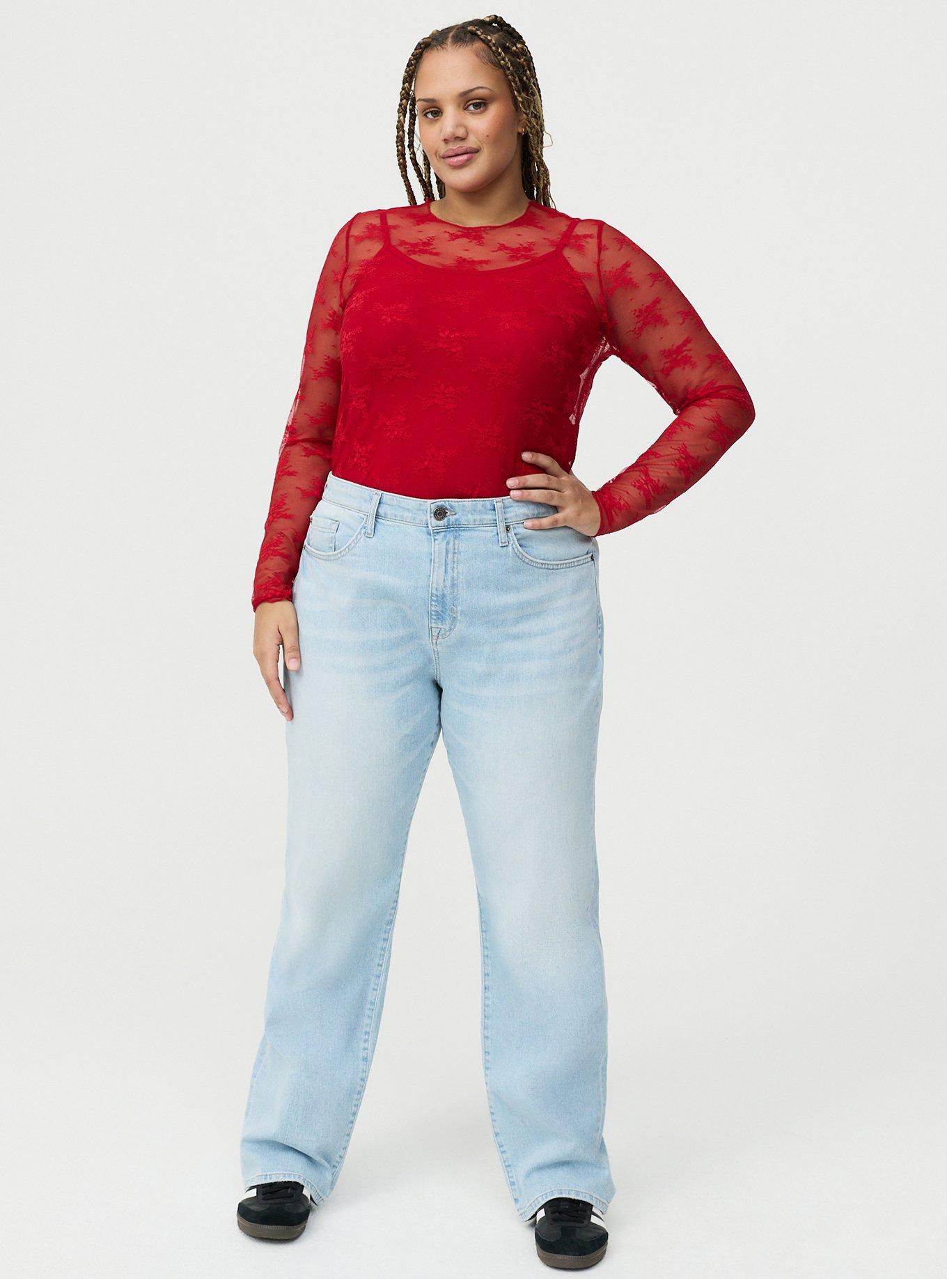 Sheer Lace Long Sleeve Crew Top, JESTER RED, hi-res