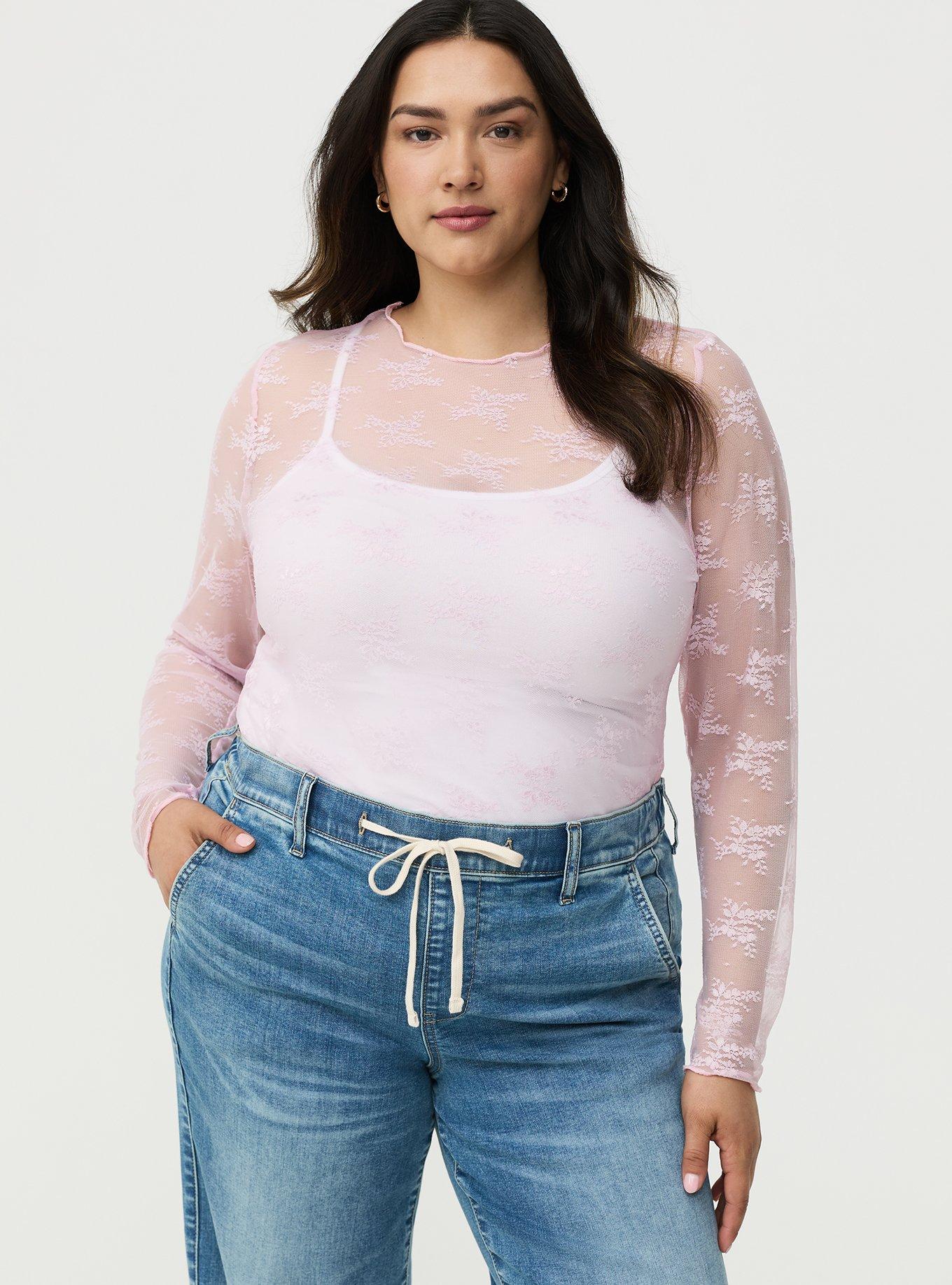 Sheer Lace Long Sleeve Crew Top, LILAC SNOW, alternate