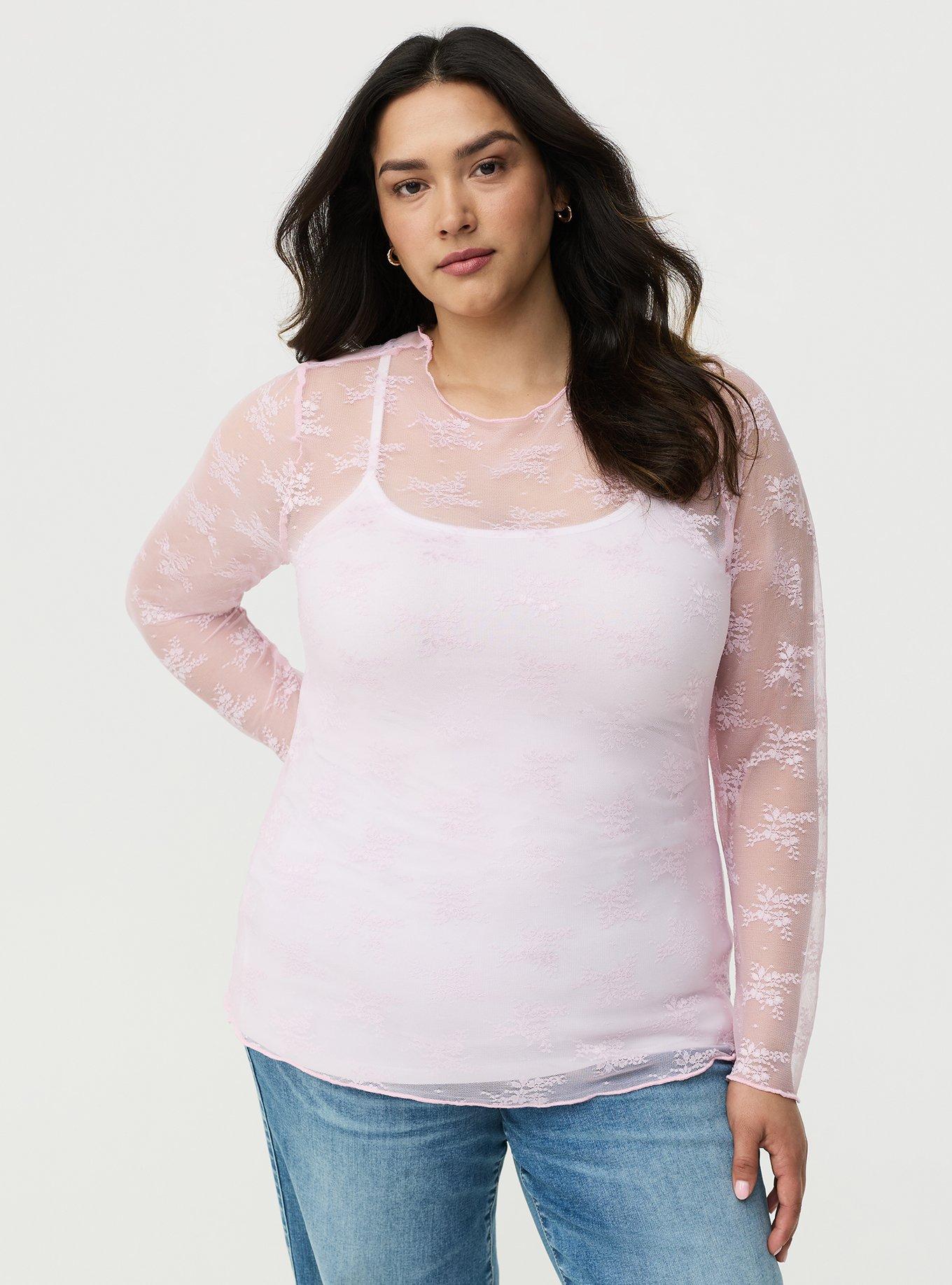 Sheer Lace Long Sleeve Crew Top, LILAC SNOW, hi-res