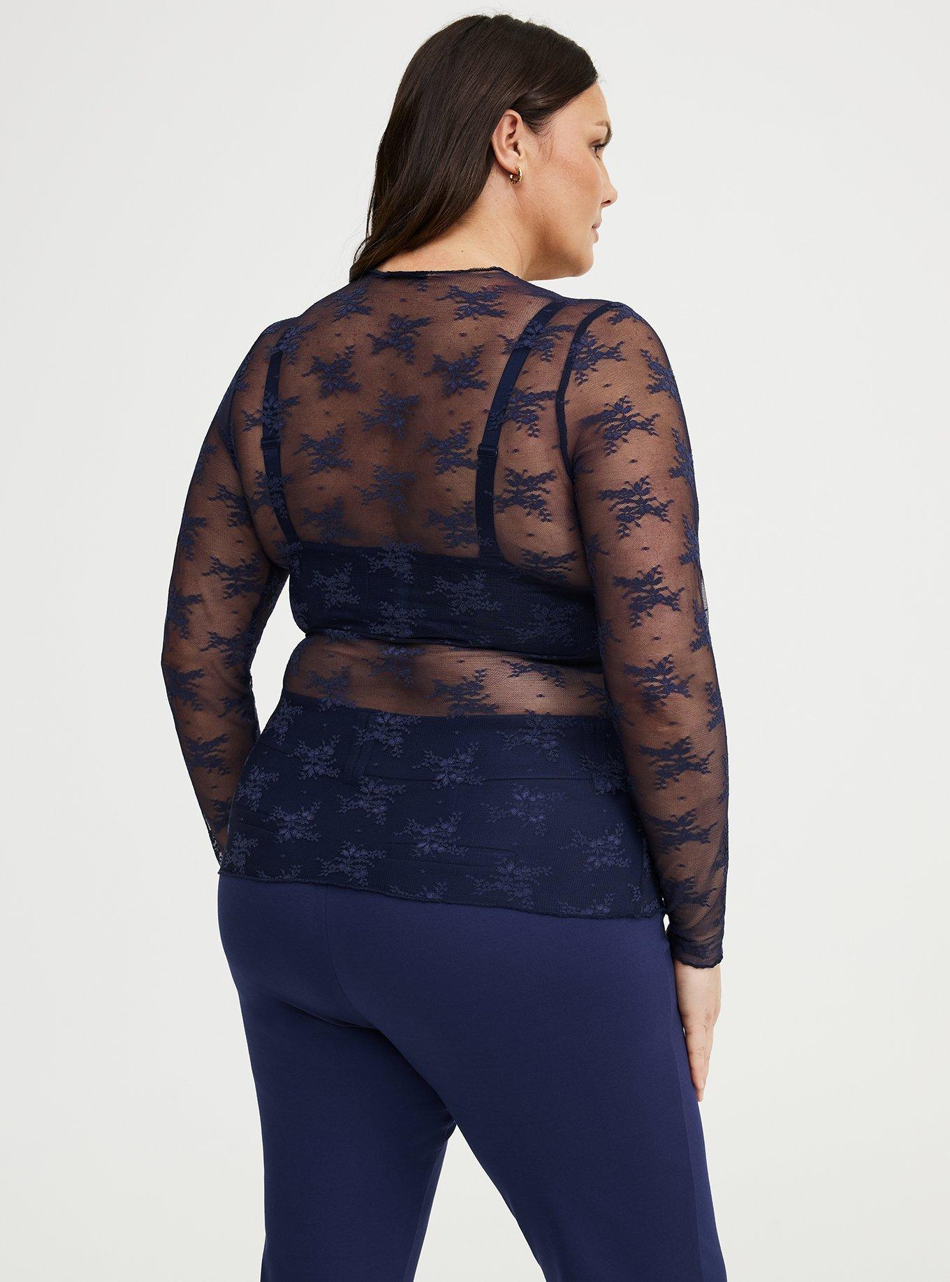 Sheer Lace Long Sleeve Crew Top, PEACOAT, alternate